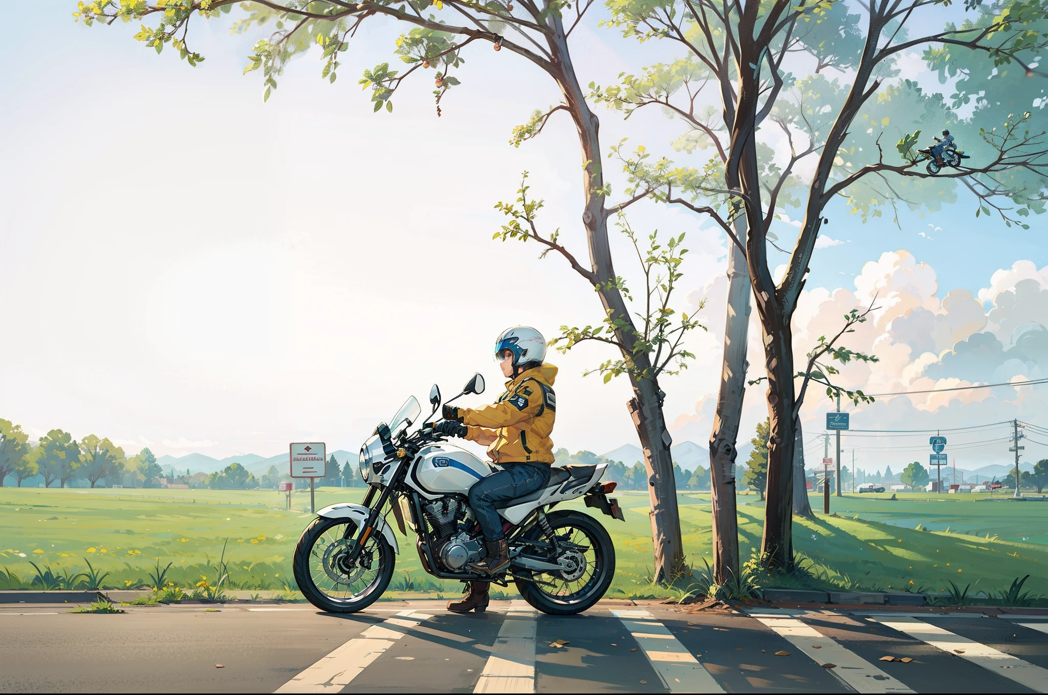 Boy、touring、Wearing a 3/4 helmet、Riding jacket、Damaged jeans、Bike Gloves、Engineer Boots、roadside station、Alafed white Bike, classic sym, with a blue background, Blue, supertrapp exhaust, Sky Blue, motorcycle, motorcycle, Motorcycles,riding, full device,