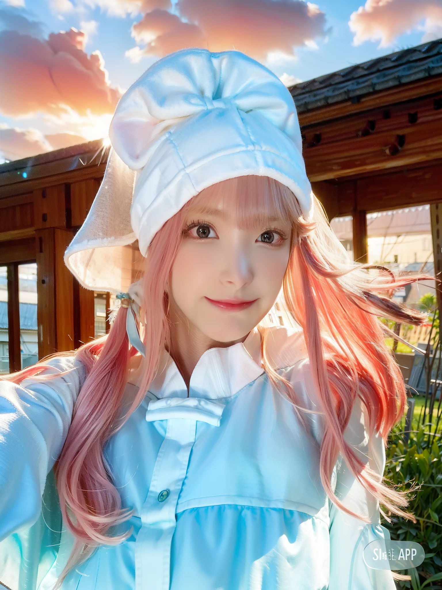 (8K, 4K, Best quality, A high resolution:1.2), (marsterpiece, Realistic, photograph realistic:1.37), 1girll, Solo, Beautiful face, eyeslashes, nase, Glossy lips, (Detailed eyes, view the viewer, Fair skin, White skin:1.5), fine complexion, Upper body,
Large breasts, Busty, , (:1.5),
Outdoor onsen,
two sides up, Absurdly long hair, Blonde hair, Pink hair, bangs, hair adornments, bow,
Younger, aged down,