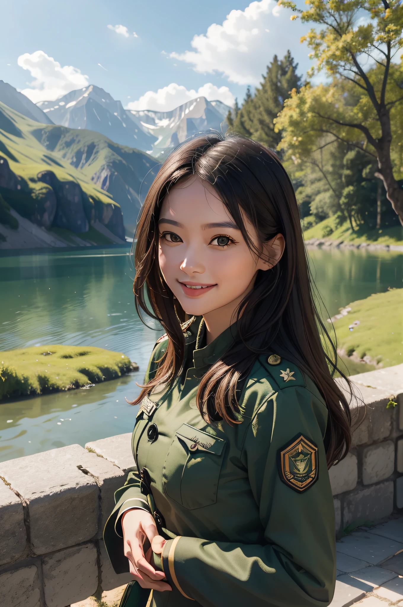A beautiful girl，A sweet smile，（Face details：1.6），Wearing a green military uniform，fresh flowers，lakes，parks