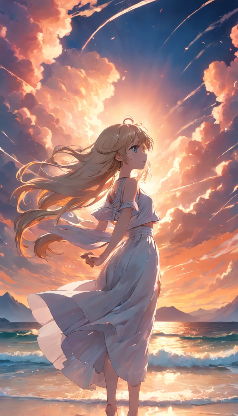 tmasterpiece,best qualityer,cinematic Film still from,1 Tape,a white long skirt,flying hair,Colorful auspicious clouds,Kizi,floating into the sky,beachside,closeup cleavage,excellent,delight,Warm and soft lighting,the sunset,(spark of light:0.7)
