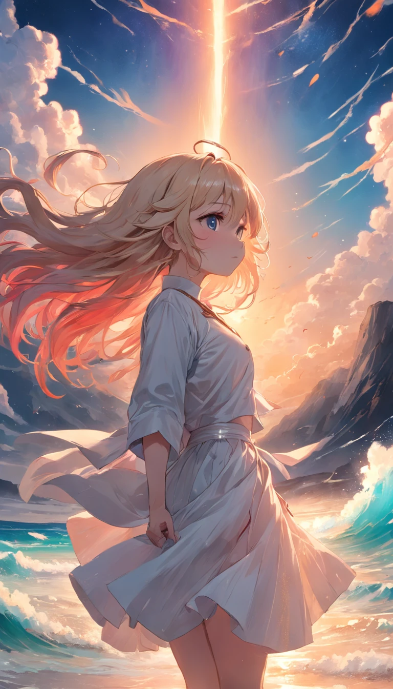 tmasterpiece,best qualityer,cinematic Film still from,1 Tape,a white long skirt,flying hair,Colorful auspicious clouds,Kizi,floating into the sky,beachside,closeup cleavage,excellent,delight,Warm and soft lighting,the sunset,(spark of light:0.7)