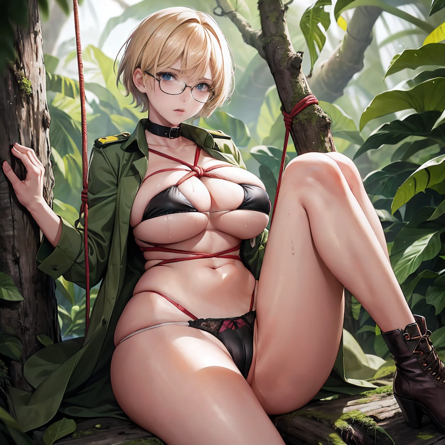 Girl with short blonde hair in the jungle（red color eyes，Wear military boots and high heels，Wearing a round combat helmet，Wear a green military uniform，wears glasses）Tied to a tree trunk，The breasts are tied with ropes, Hands and thighs were tied to tree trunks with many thick twines，Her face flushed，teary，full of sweat，Breast appearance，Panties exposed，There is a large amount of white cloudy fluid between the legs，The legs are separated，The two hands are tied together by a rope