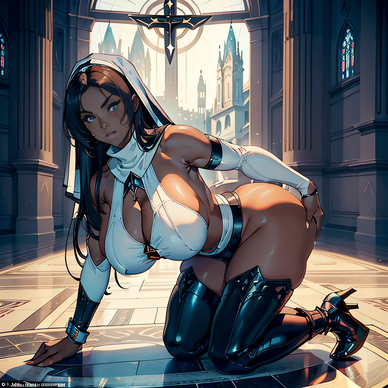 (high resolution, The pixels are perfect, luxurious illustration), (hyper qualit, Masterpiece, Ethereal: 1.4), (lip biting:1.4)，(((naked tabard))),(((solo:1.4))),(facesitting:1.4)， nun,(((kneeling)))，head scarf，(((in  white church)))，mature female，Black areola,female public hair，(((Breasts seem to overflow from the tabard)))，wetted skin，(((A MILF: 1.4))), (Curvy:1.35),((((Dark skin))))，long hair，Curvy physique, Fitness model, Thick body,((Sexual suggestiveness))，looking at viewer,high-heels,from above