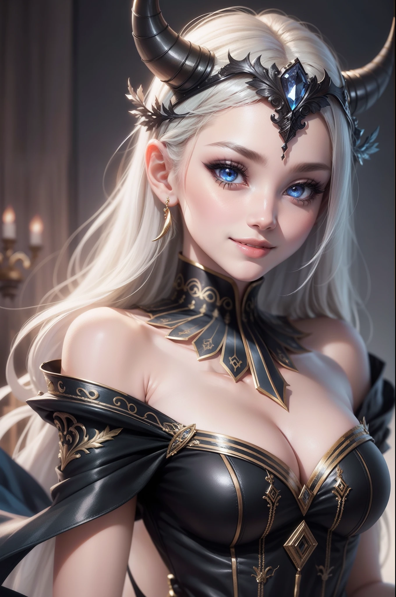 The personification of Hades in Greek mythology 、infp young woman、God of the Underworld、ruler、Strong clothes like rulers、Live in Pluto's castle、Miss King's Tiara、has small horns、Sophisticated illustrations、Big eyes、Transparent eyes、Beautiful makeup、long eyeslashes、A smile、Smile、、Solo Photography、beatiful detailed eyes、vertical stripes　imagem 4k　超A high resolution、Overall photo