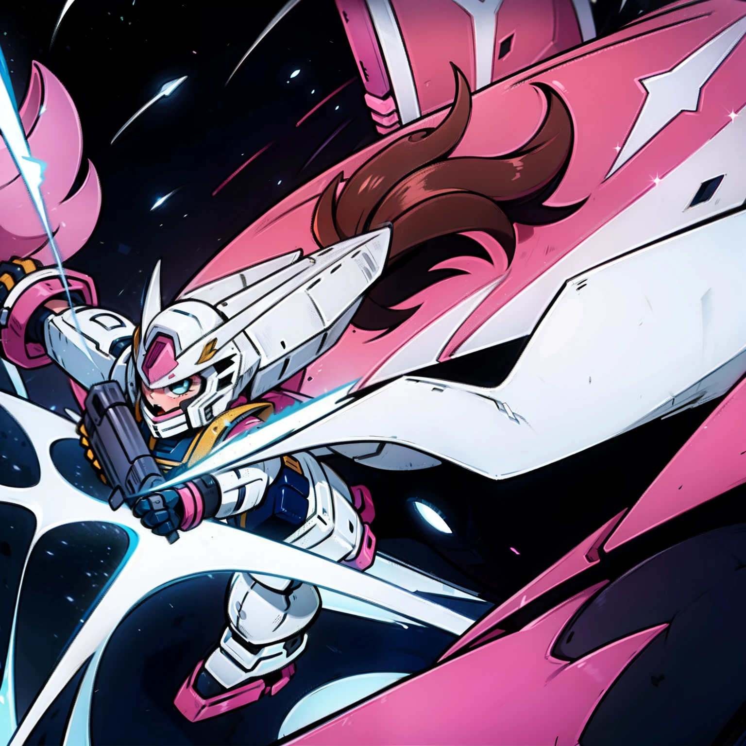 "Masterpiece high-quality: Ochaco, hero academia ochacu wearing armor: feminine thick steel-grey gundam armor, sleek and robust, powerful and awe-inspiring, detailed craftsmanship, futuristic design, vibrant colors, jet boots, flying pose, flying, a large arm-mounted minigun, looking at viewer, (steel-grey with white, black, and pink highlights), brown hair,”