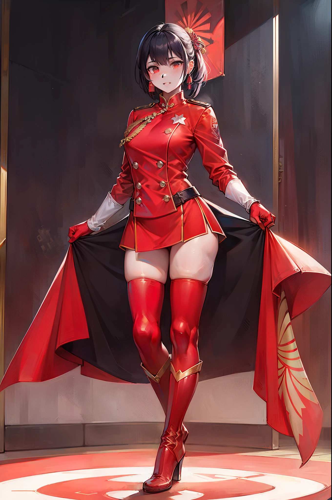 High-end CG screen:Superhero five-star red flag girl wearing exquisite Chinese five-star flag logo uniform，Wear red gloves on both hands+Wear red boots on your feet+National flag，The whole body exudes the superpowers of a five-star red flag girl，，，soio，Full body shooting CG superpowers