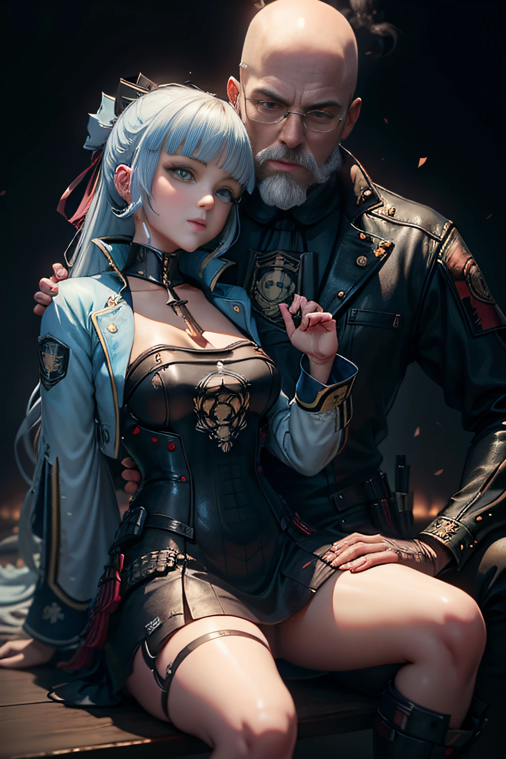 ((A bald man lies on a woman's lap)),Semi-smooth anime CG art, Fine details. Girl front, Guviz-style artwork, from girls frontline, azur lane style, Guviz, the anime girl is crouching, made with anime painter studio, Girls Frontline CG, girls frontline style,lightand shade contrast,Cinematic lighting effects,Ray traching