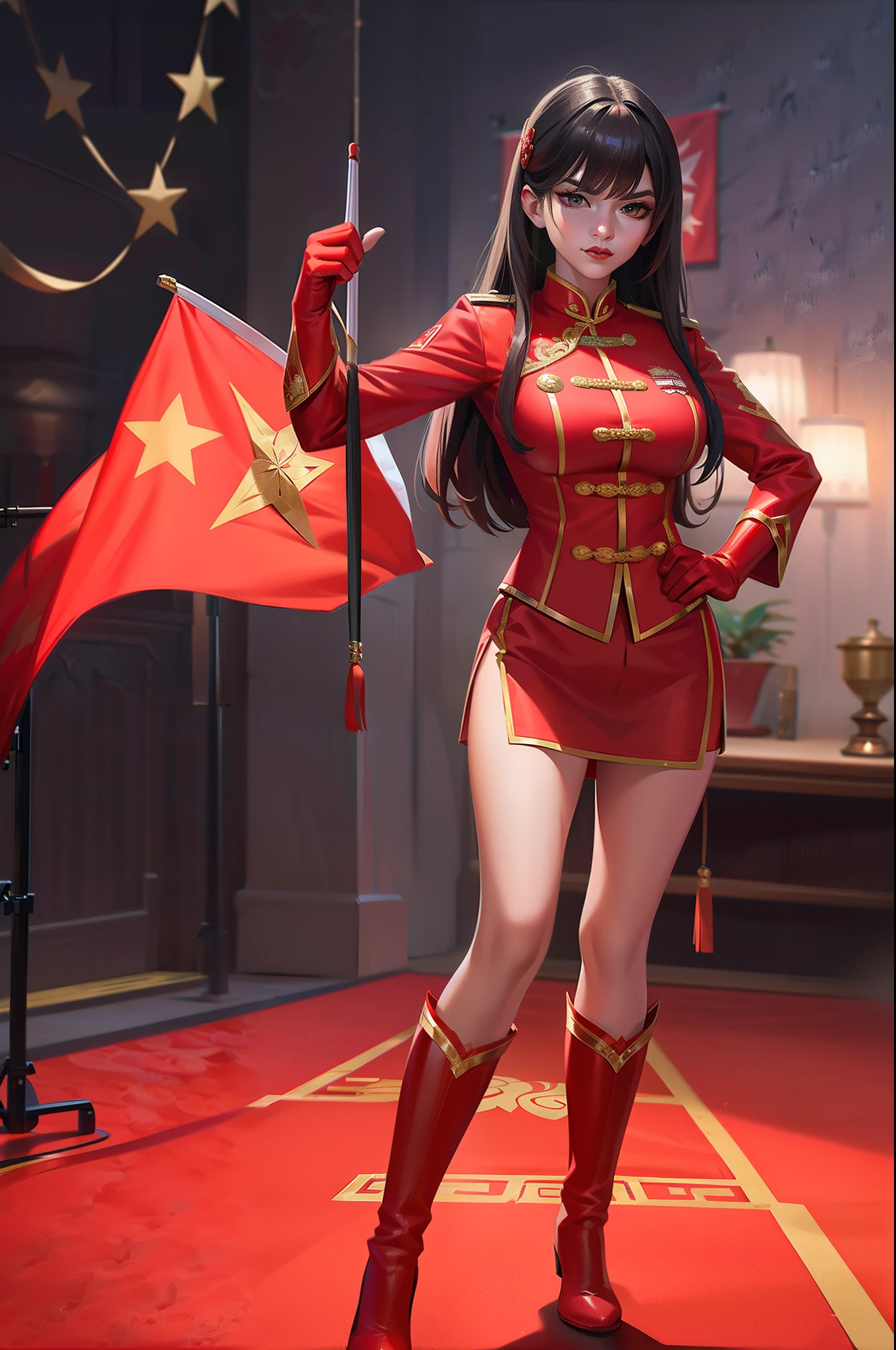 High-end CG screen:Superhero five-star red flag girl wearing exquisite Chinese five-star flag logo uniform，Wear red gloves on both hands+Wear red boots on your feet+National flag，The whole body exudes the superpowers of a five-star red flag girl，，，soio，Full body shooting CG superpowers