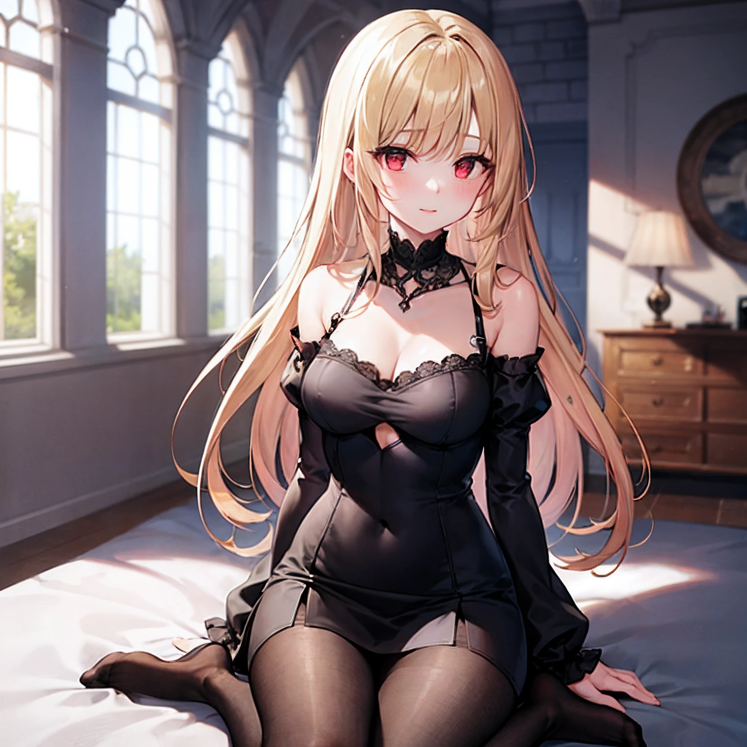 a blond、red eyes、Beautiful girl alone、Fluffy dresses、a miniskirt、off shoulders、Western-style castle、Black tights