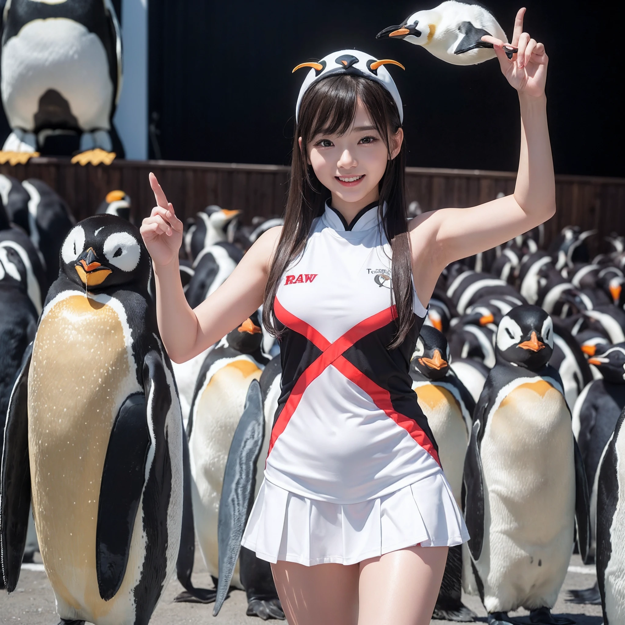(8K、RAW Photos、top-quality、​masterpiece:1.5)、(realisitic、Photorealsitic:1.5)、ultra-detailliert、超A high resolution、lighting like a movie、(((Idols who love penguins)))、(((Japan 16 year old girls)))、(((Wearing a cute costume with a penguin motif)))、(A lot of penguins:1.5)、cute smile face、Happy and energetic atmosphere、dynamic ungle、动态照明