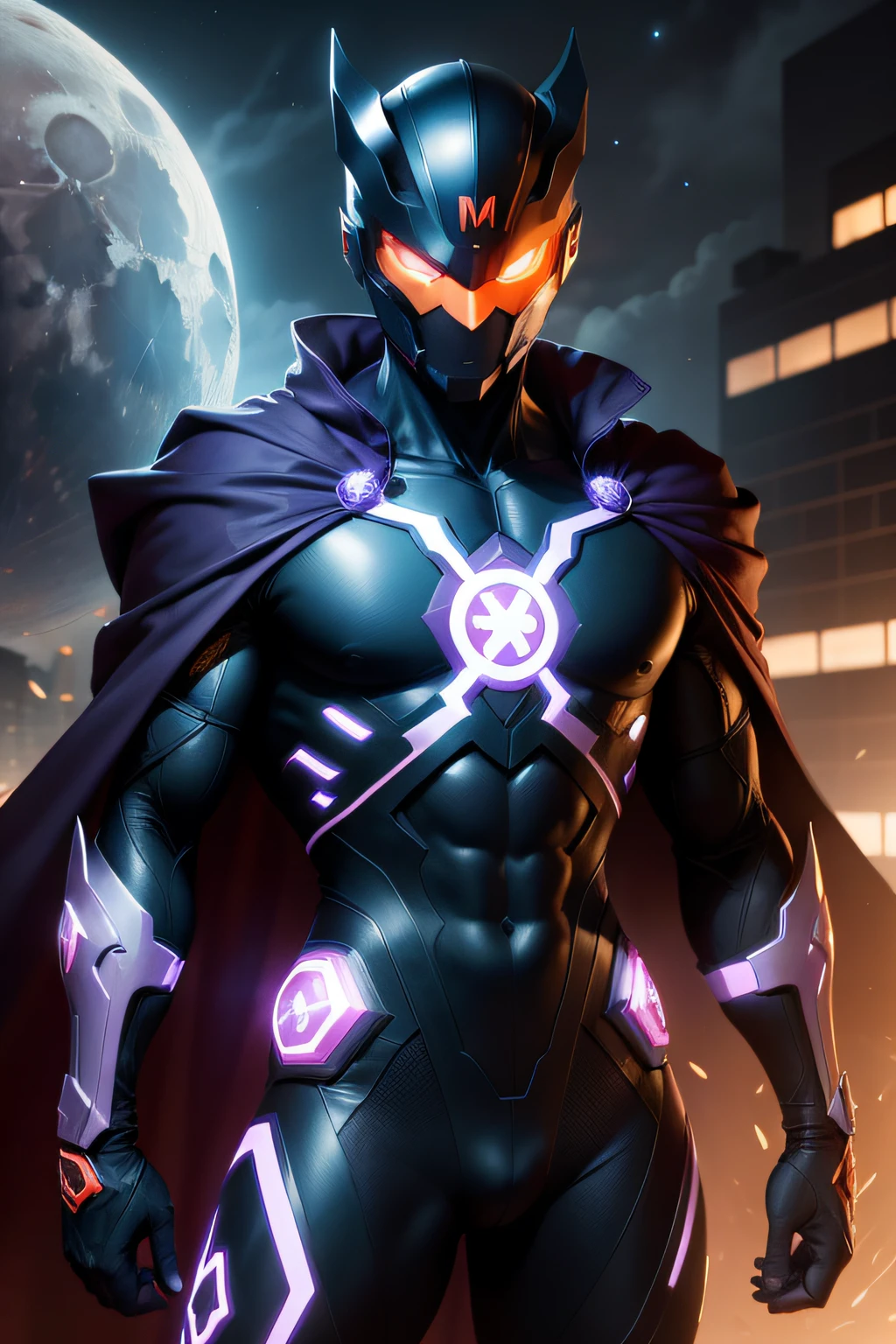 Hero's Name: Míxis
Superhero Costume:
Míxis wears a modern superhero costume made of advanced materials that blend flexibility and protection seamlessly. The costume is primarily black, with the letter "M" in neon orange and neon purple accents forming a large emblem in the center of the chest, radiating with intense and mysterious luminosity. This "M" appears to be a source of power, pulsating with energy.
Mask:
Míxis dons a mask that covers the entire face, except for the eyes. The eyes are unique: one is orange, gleaming intensely, while the other is purple, emanating an enigmatic aura. The mask is highly detailed, with angular contours that give the hero a modern and futuristic appearance.
Cape:
A long, dark cape extends down Míxis's back. It's made of a special material that appears to flow like living shadows. The cape has a three-dimensional effect, giving the impression that it's always in motion, even when still.
Equipment:
Míxis carries an array of high-tech gadgets, including communicators, advanced vision lenses, and energy wristbands that can be used as weapons or tools. The equipment seamlessly integrates with the costume, making it a natural extension of the hero.
Posture and Expression:
Míxis's posture is confident and ready for action, with clenched fists and broad shoulders. His orange and purple eyes reflect determination and mystery. He's prepared to face any challenge, with a serious expression that demonstrates his dedication to justice.
Background:
The hero soars through the night sky, with the city lights far below. Stars twinkle overhead, and the moon casts a silvery glow on the clouds. Míxis is in his element, flying with grace and power, as the neon orange and neon purple "M" on his chest shimmers brightly against the dark backdrop.
This representation of the superhero Míxis is an ultra-realistic 3D artwork that combines modernity, mystery, and power. His unique appearance, with the prominently featured "M" in neon orange and neon p