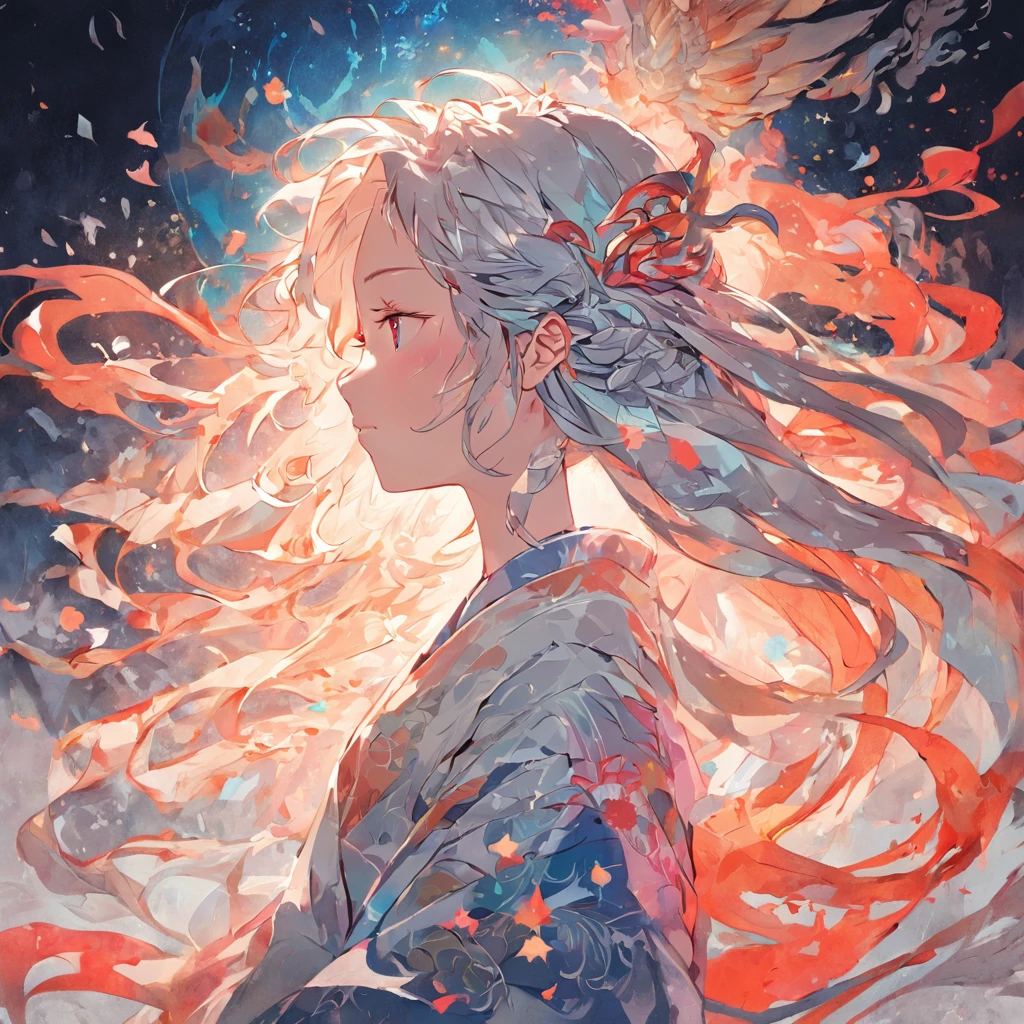 (White background:1.4),(Silhouette of a girl's head, Eyes closed, colorfull long hair, Oriental elements),(Chinese illustration:1.3,paper art:1.3, Quilted paper art:1.2),( reasonable design, Clear lines, High sharpness,Best quality, Very detailed, Masterpiece, movie light effect, 4K )