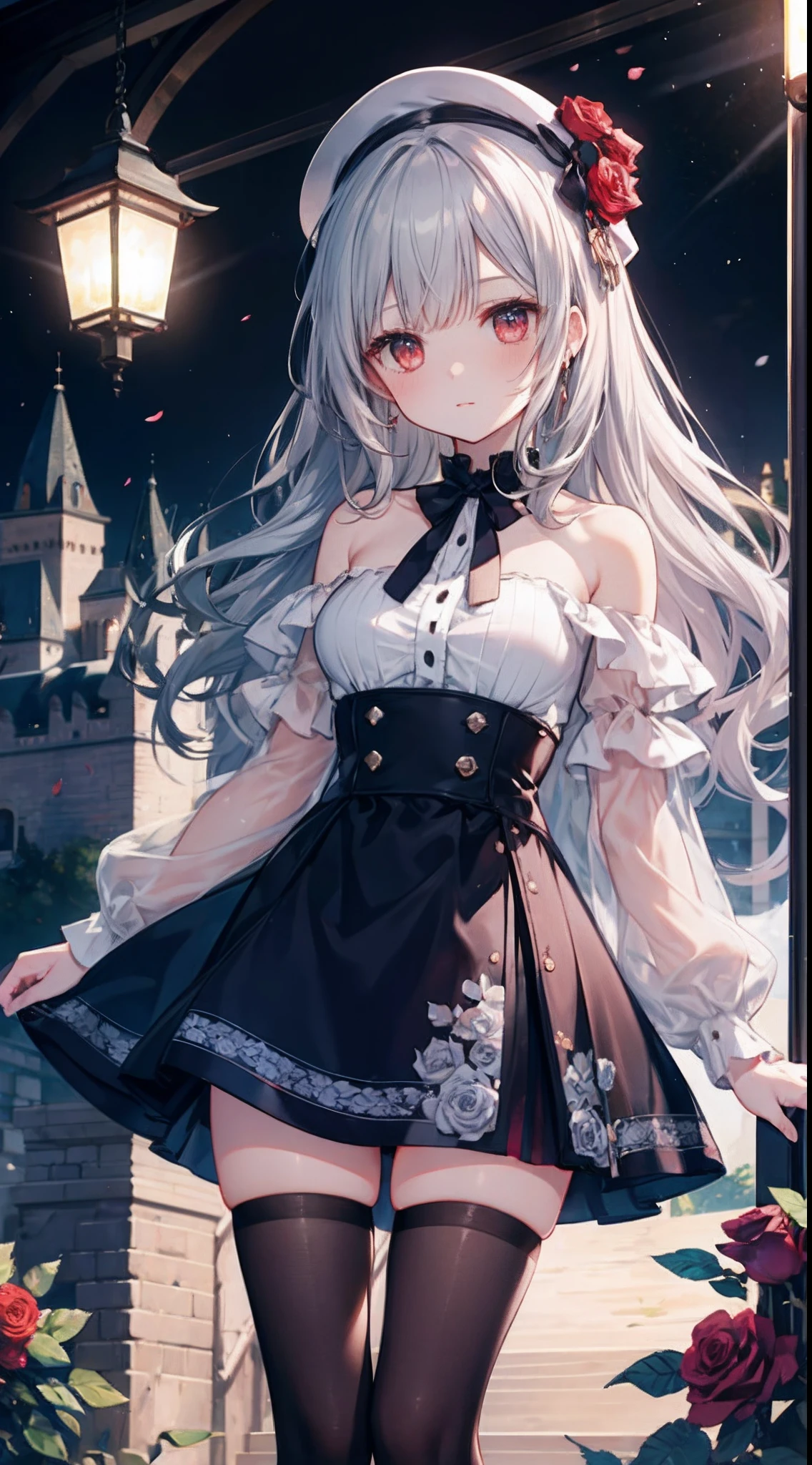 wavy silver hair、red eyes、Beautiful girl alone、doress、off shoulders、a miniskirt、Western-style castle、roses、Black tights