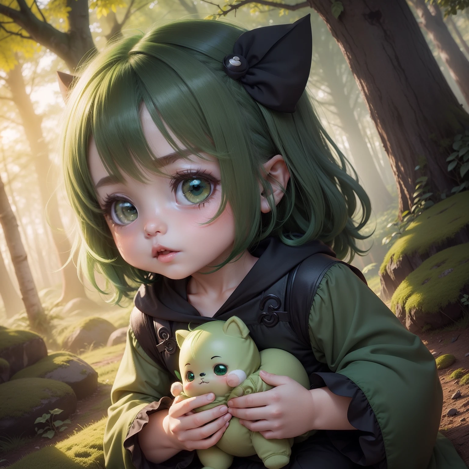 Cute Chibi Anime,Dark green Sauvage hair,Green and dark green clothes,Fantastic fairytale forest