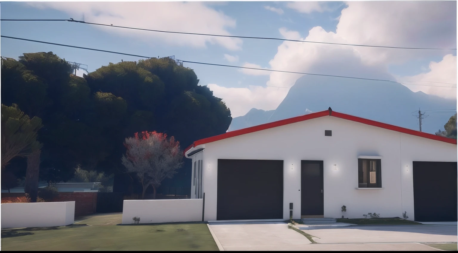 There is a white house with a red roof and a red roof, ((gta 5 casa screenshot)), renderizado no lumion pro, captura de tela fotorrealista, [ Fotorrealismo 4K ], realista estabelecendo tiro, semi-realistic rendering, renderizado em lumion, fully detailed render, em estilo de realismo simplificado, renderizado em unreal engine 3d, cena hiper detalhada