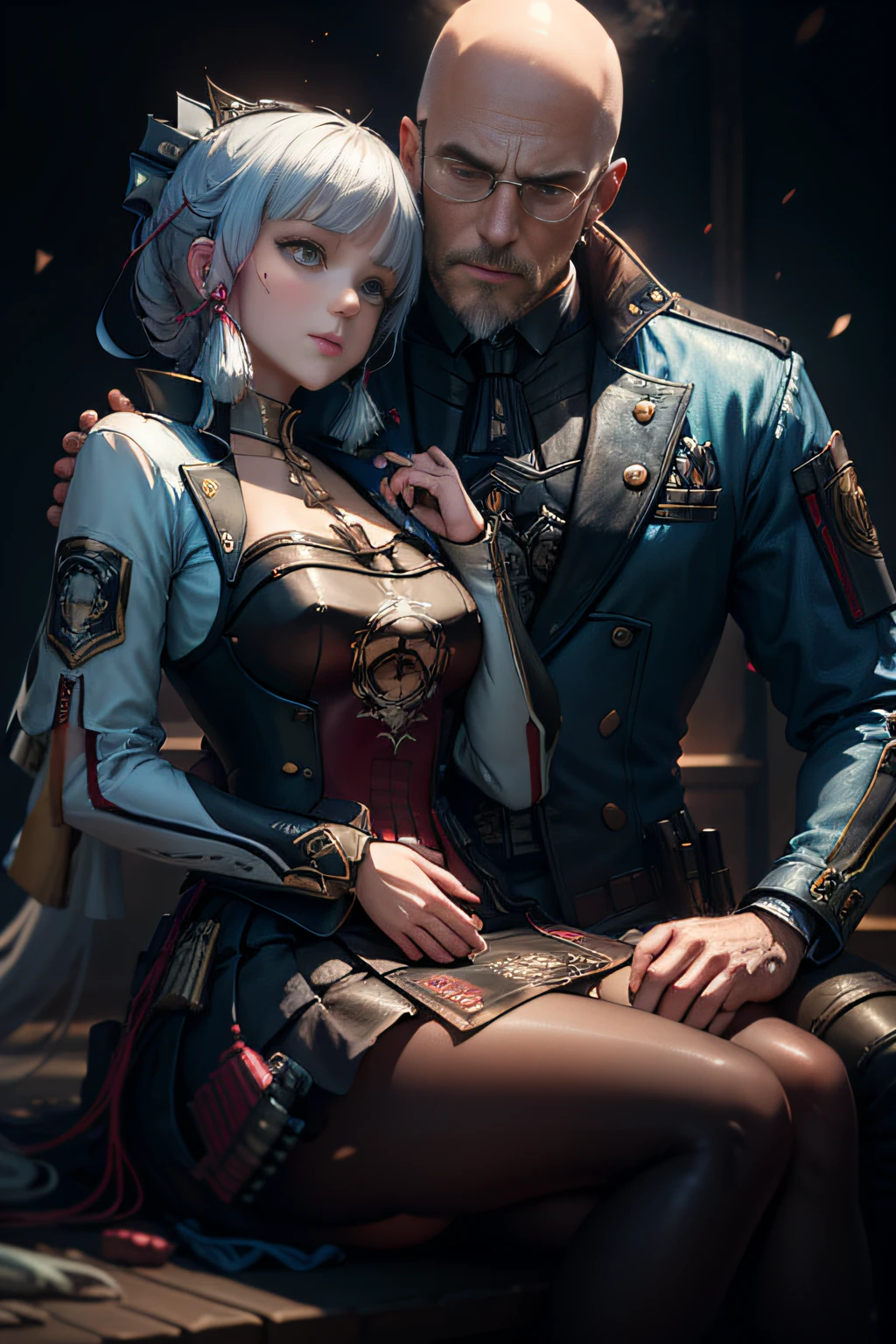 ((A bald man lies on a woman's lap)),Semi-smooth anime CG art, Fine details. Girl front, Guviz-style artwork, from girls frontline, azur lane style, Guviz, the anime girl is crouching, made with anime painter studio, Girls Frontline CG, girls frontline style,lightand shade contrast,Cinematic lighting effects,Ray traching
