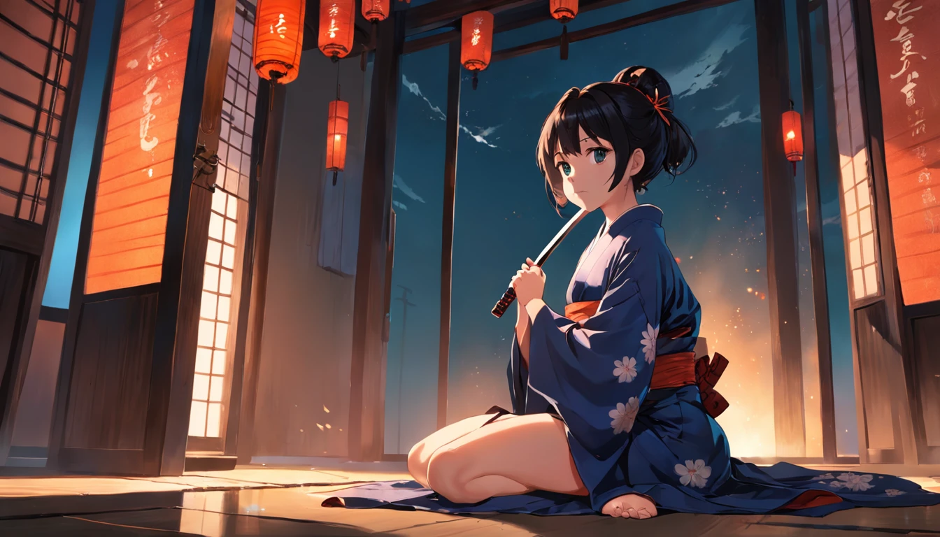The girl wears a kimono，kneeling to sitting on the ground，A katana was in his hand，There was dim lighting in the room，The time is evening