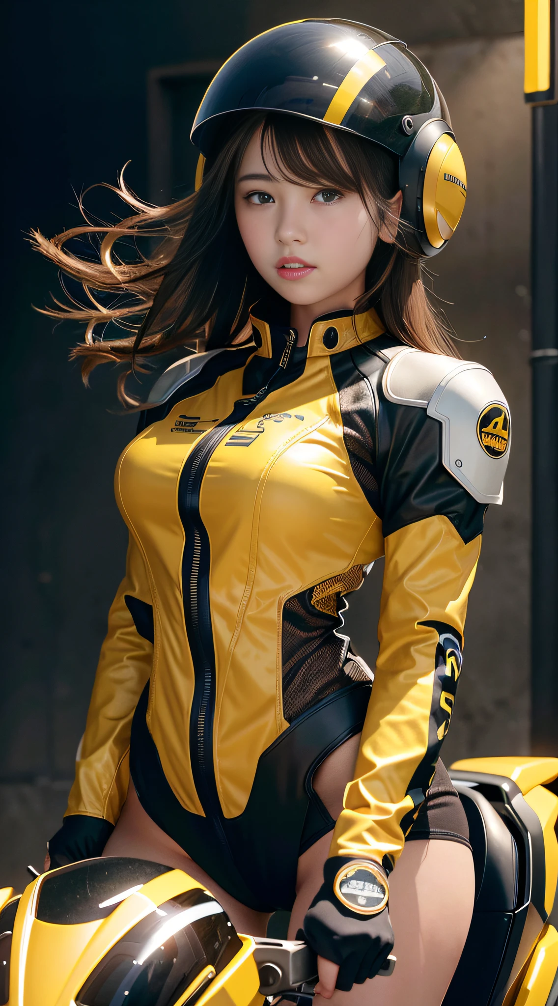 Close-up of upper body of a woman in a yellow jacket and helmet: 1.5, beautiful face: 1.5, yellow and black slim raincoat, latex material, glossy, fine seam: 1.5, thin waist: 1.5, thin legs: 1.5, masterpiece, super clear, real skin, cinematic lighting effects, 8K, chest wrapped in kraft paper in both hands: 1.5, wearing a motorcycle helmet: 1.5 --no head beyond the picture frame --auto --s2