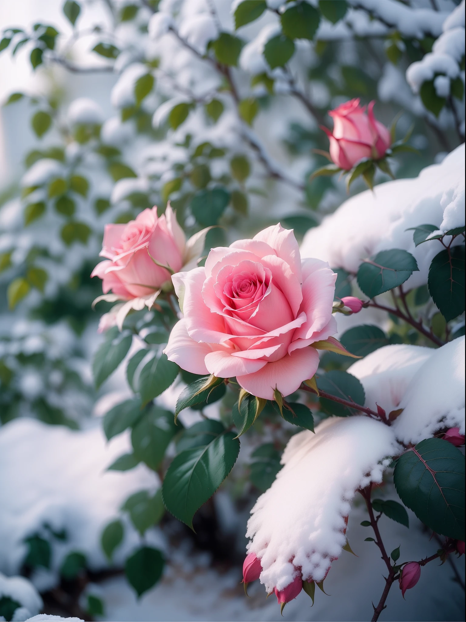 Pink roses grow on the bushes, Leaves and petals are covered with dust and snow,Shot with Canon 35mm lens, photo of a rose, taken with a pentax k1000, Shot with Pentax 1000, Two 5-mm ports, Shot at Kodak Portra, Rose Twinings, Pink Rose, 35mm shot