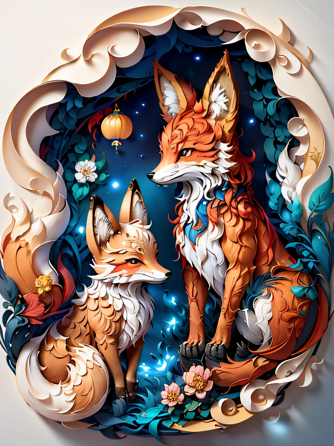 "Enchanting night scene with a Japanese featuring a captivating glowing fox surrounded by mesmerizing light particles and a stunning light effect. No humans present."