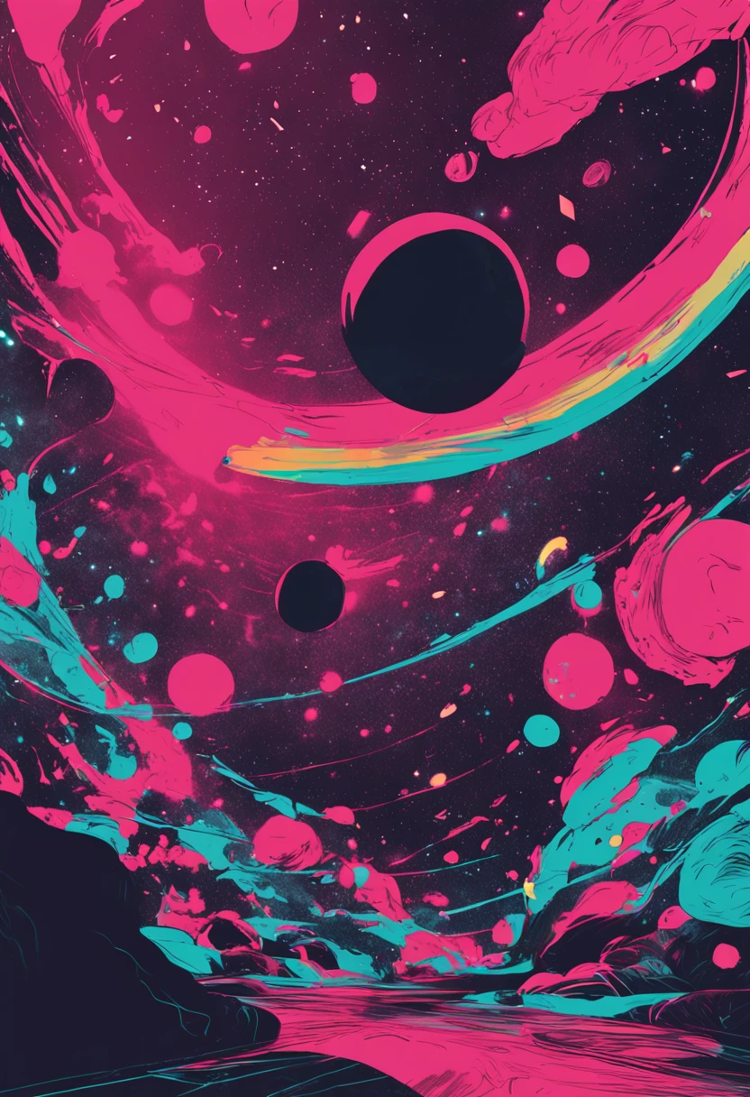 in space, chilling vibes, planets, pink, red, blue, black, yelow, green