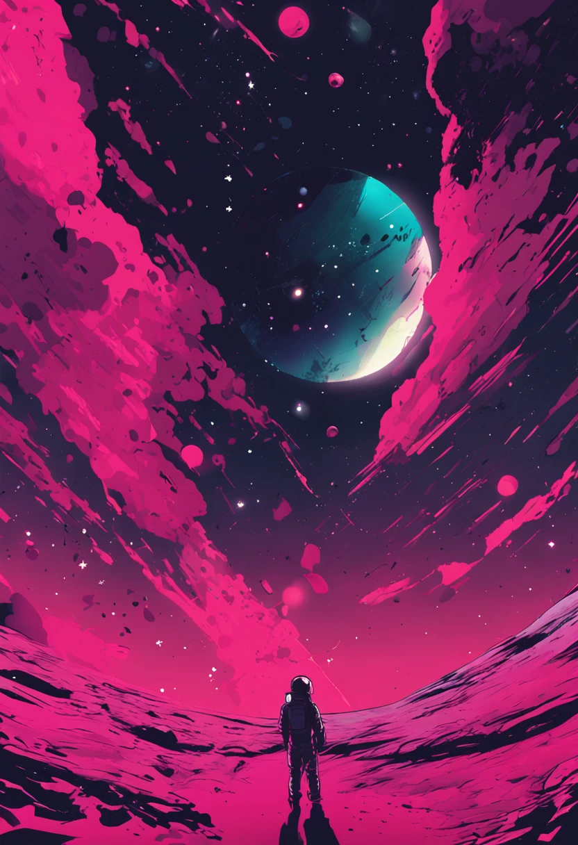 in space, chilling vibes, planets, pink, red, blue, black, yelow, green