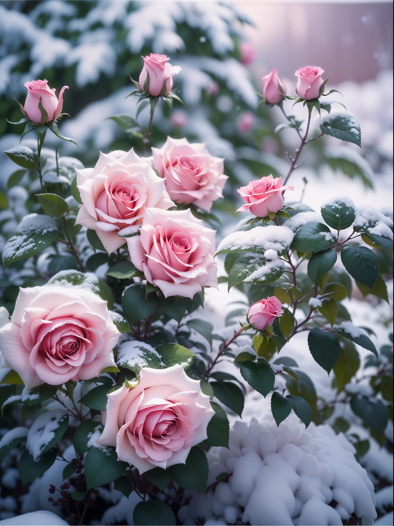 Pink roses grow on the bushes, Leaves and petals are covered with dust and snow,Shot with Canon 35mm lens, photo of a rose, taken with a pentax k1000, Shot with Pentax 1000, Two 5-mm ports, Shot at Kodak Portra, Rose Twinings, Pink Rose, 35mm shot