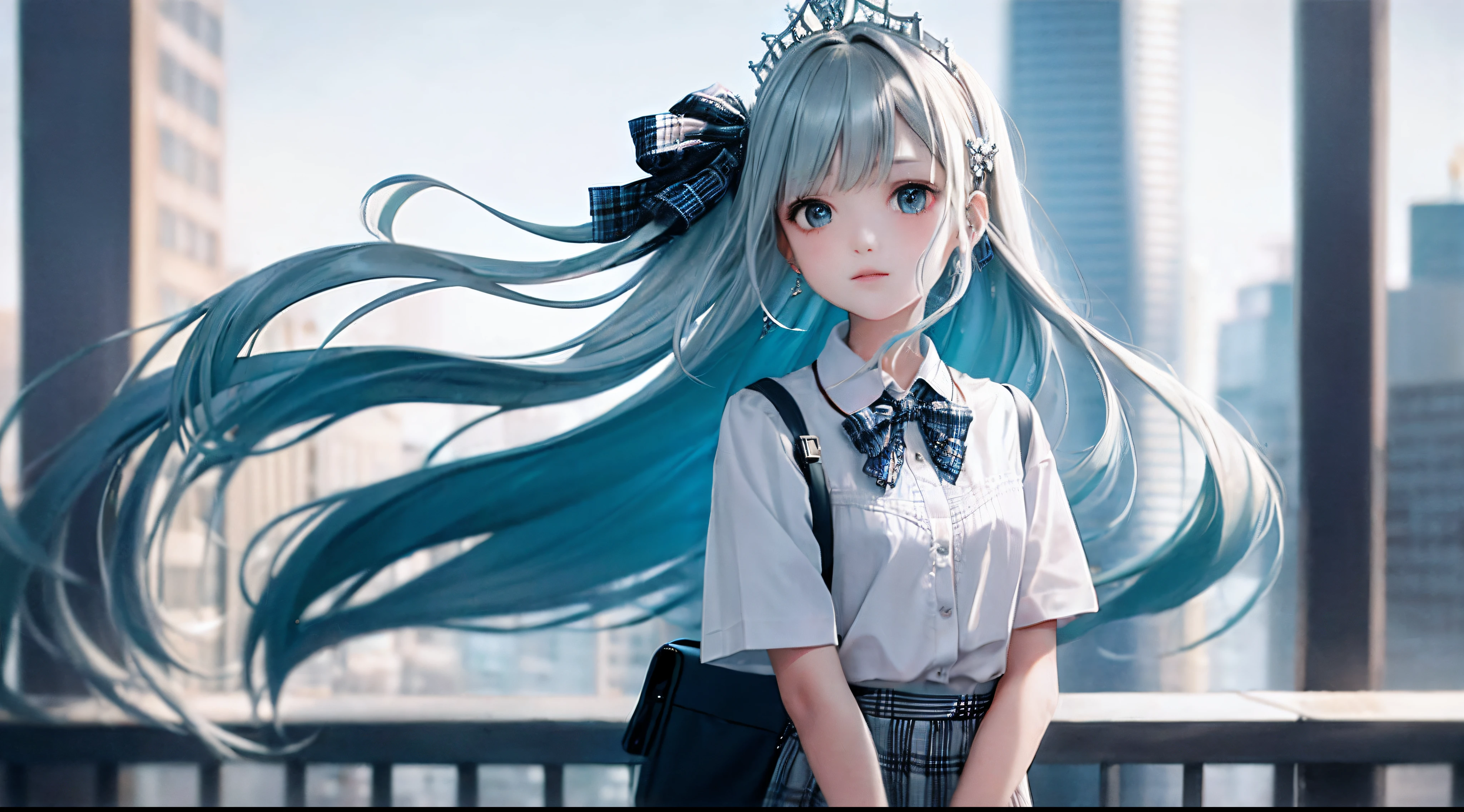 1girl, (masterpiece:1.1), (best quality:1.1), (white blouse:1.1), (plaid skirt:1.1), school uniform, high waist skirt, BREAK [blue:pink:0.5] theme, (Urban Background: 1.1), denim lens, break silver, long hair, green eyes, delicate tiara, sideways,