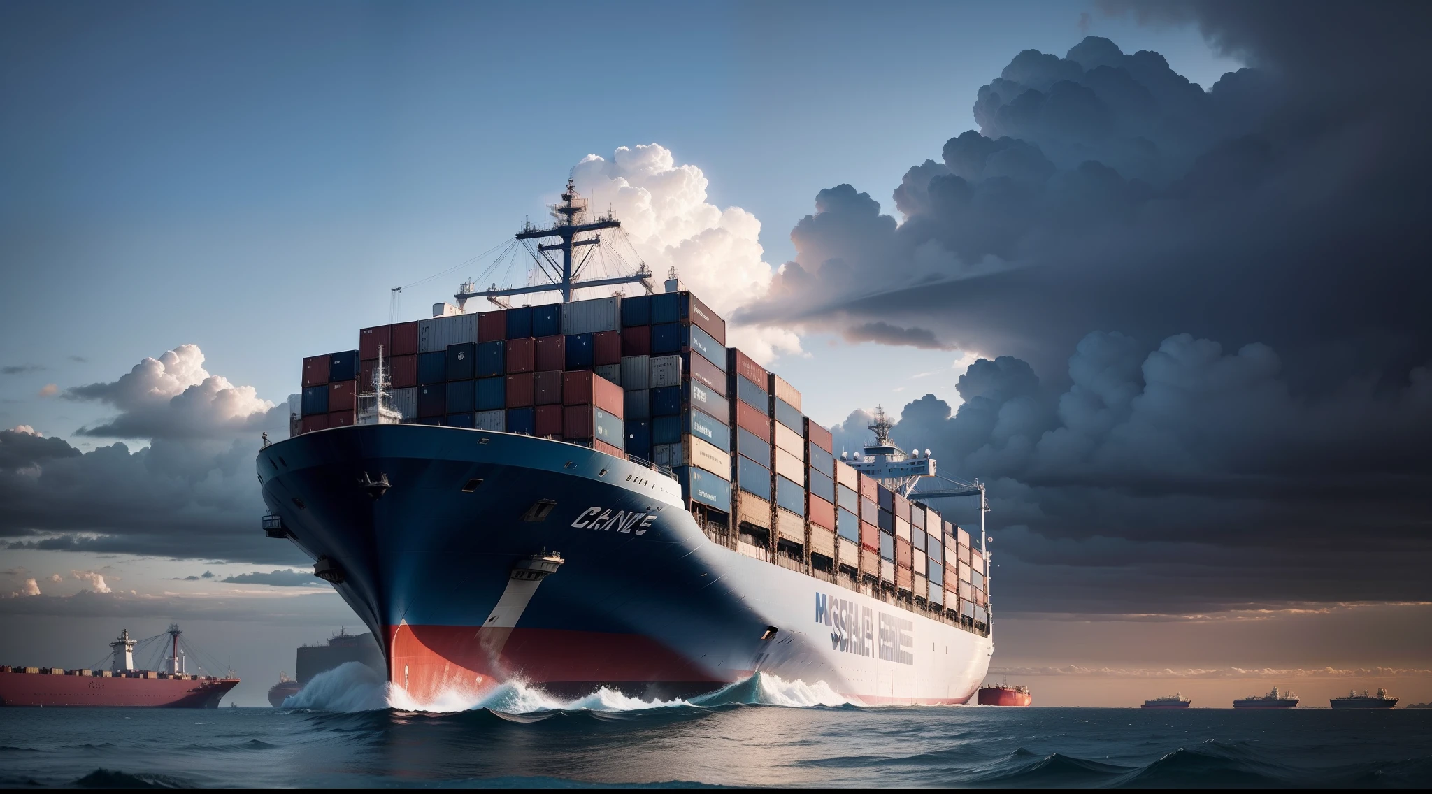 "container ship sailing, sky in intense dark blue"
