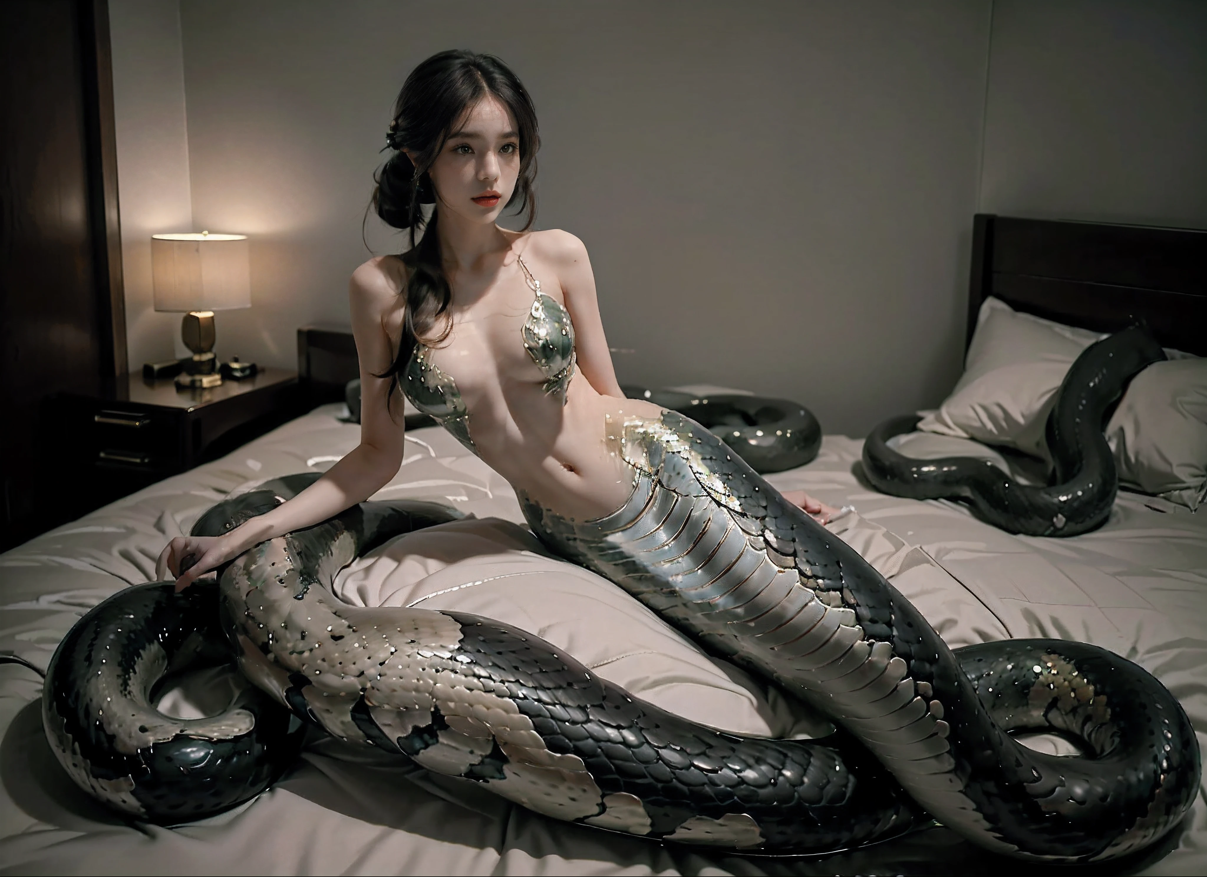 ((Best picture quality, 8K, tmasterpiece:1.3)), 1girll, Beautiful woman with slender abs:1.3, (Casual hairstyle, No leakage of big breasts:1.2), Python pattern:1.1, （mermaids：1.2），（Elongated snake tail：1.3），Realistic golden scales，Ultra-fine face, A detailed eye, 二重まぶた，The skin is smooth and delicate，Home，Beds，Sit Pose，Faraway view