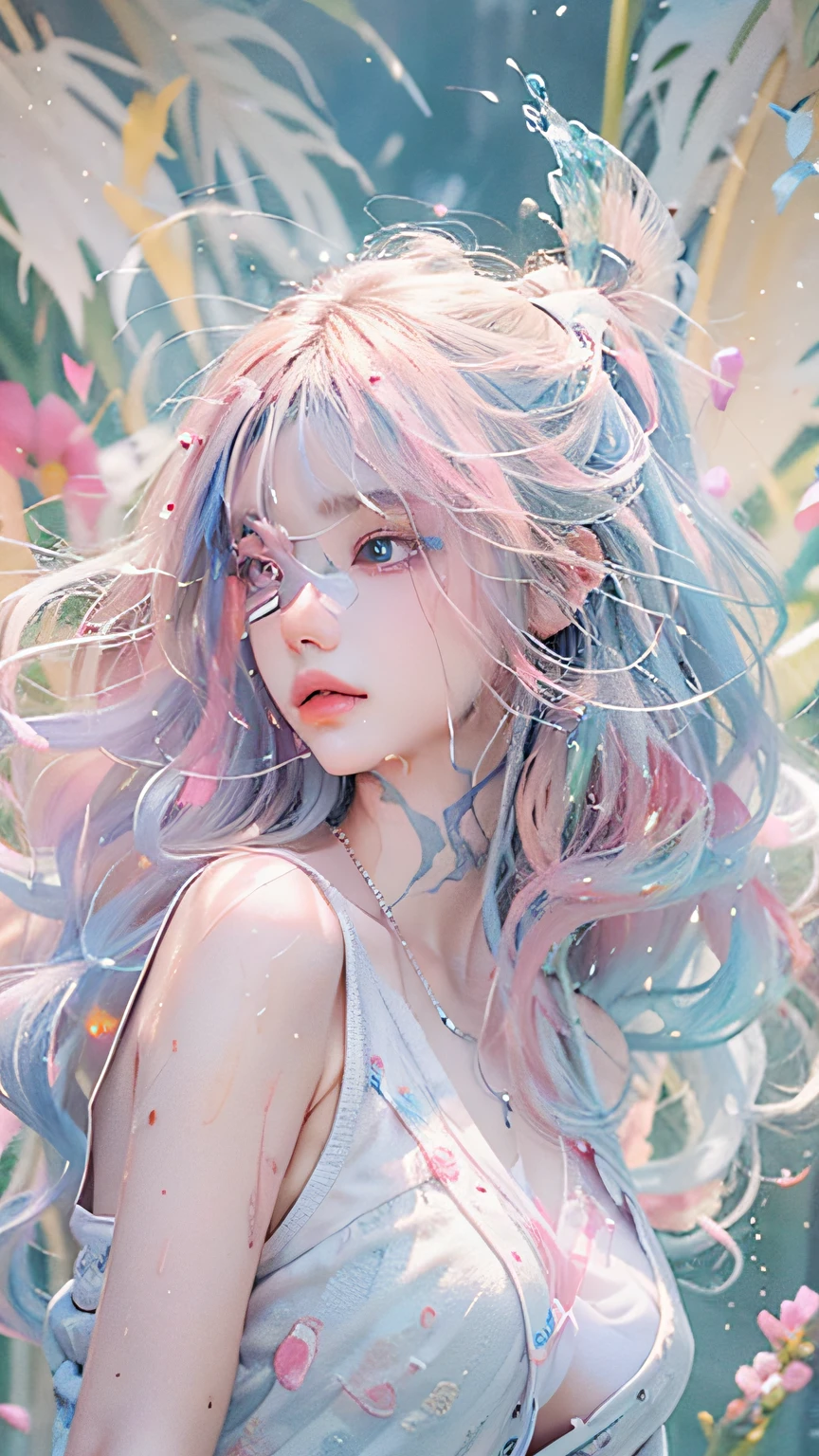 （tmasterpiece、best qualtiy、A high resolution），white backgrounid，Acrylic paints，（（splash of color，Splash ink、Color splattering）），1 Sweet Asian girl，light blue long hair，[light blues|Pink big breasts]the hair，curlies，White skin，famousartwork，s the perfect face，beauitful face，beautidful eyes，（（Perfect female body））glitters，Pink lips，White color blouse，frontage，The upper part of the body
