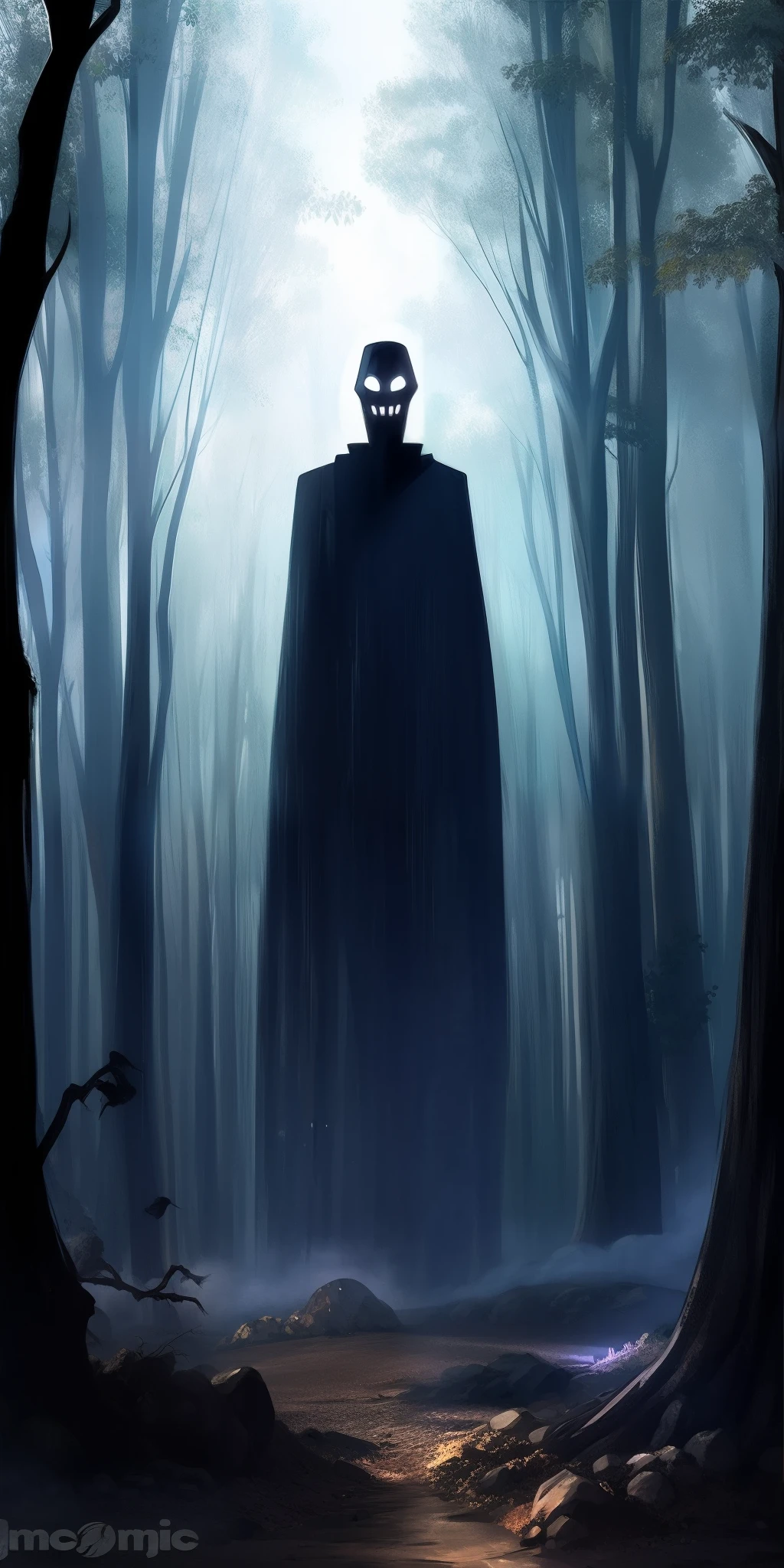 Dark and eerie Middle Somar style landscape, A ghostly figure wearing the iconic screaming mask lurks in the shadows.