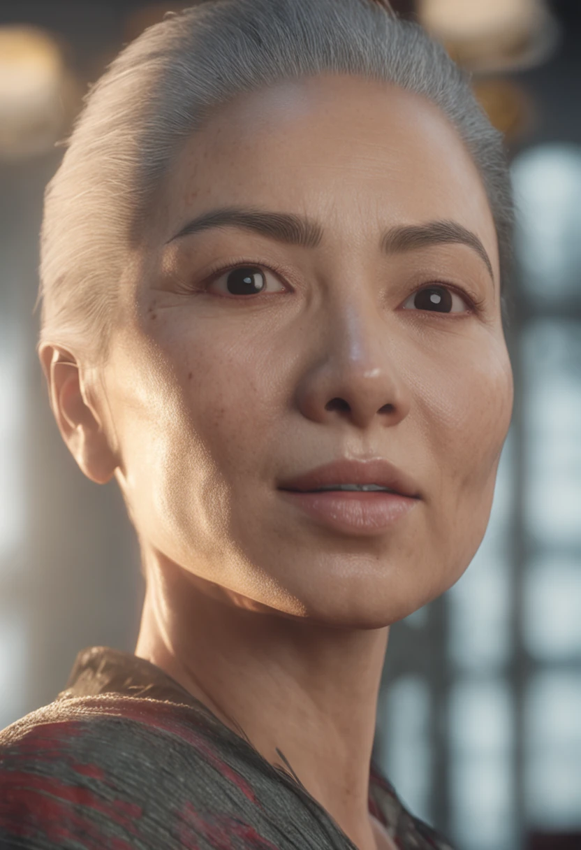 Highly detailed 8k RAW photorealistic close up shot of a beautiful bald woman with a mixture of european and asian features. Skin is flawless, unblemished, short hair and away from the face no hair, perfect lighting no shadows