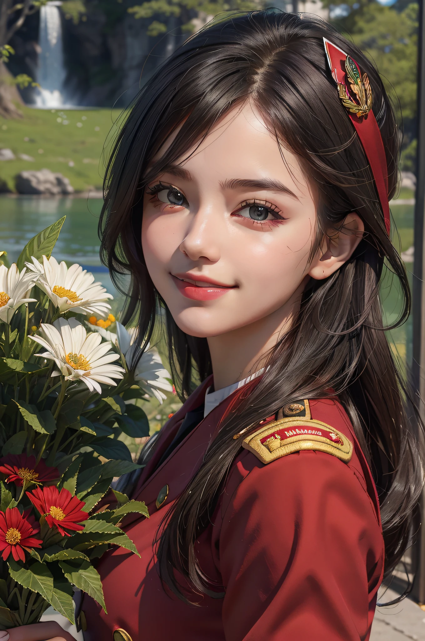 A beautiful girl,A sweet smile,(Face details:1.6),(Red epaulettes:1.6),(Fighting posture:1.3),Wearing a green military uniform,fresh flowers,lakes,parks