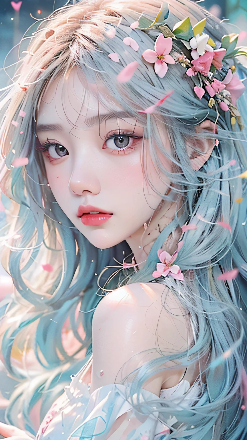 （tmasterpiece、best qualtiy、A high resolution），white backgrounid，Acrylic paints，（（splash of color，Splash ink、Color splattering）），1 Sweet Asian girl，light blue long hair，[light blues|Pink big breasts]the hair，curlies，White skin，famousartwork，s the perfect face，beauitful face，beautidful eyes，（（Perfect female body））glitters，Pink lips，White color blouse，frontage，The upper part of the body