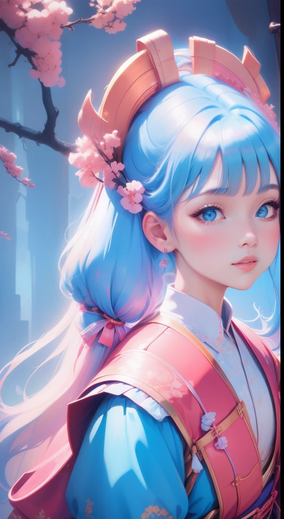 beautiful chinese girl, Riding a horse,upper body, Tang Dynasty, ancient style, pale skin, detailedhair, detailed eyes, beautiful, retro, transparentcolor Soft light, pastel colors, soft contours, With a headdress,bigeyes, smiling, flowers and leaves in the background,aninme, illustration, bestquality,8k, ultra detailed,Blue light pink, light cyan, yellow