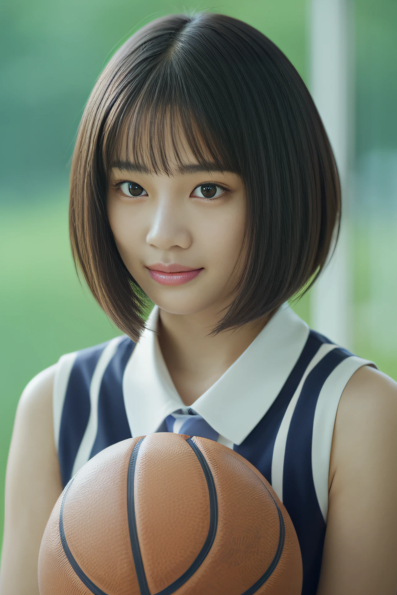 1girl in, Solo, Photo of beautiful Japanese actress holding a basketball, (have a basketball, wearing navy blue basketball uniform, basketball), ((top-quality, High resolution, ​masterpiece:1.3)), (Photo Real:1.4), (hyper realisitic:1.4), Beautiful Women in Perfect Style:1.4, innocent smiles, light skinned, dark brown hair, short bob hair, A slender:1.2, medium beautiful breasts, natural soft light, finely eye, finely detailed face, Highly detailed facial and skin texture, Highly detailed body and skin texture, A detailed eye, a small face