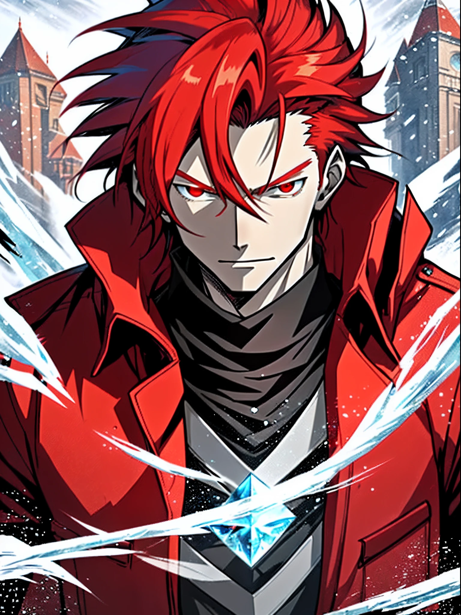 Anime characters with long red hair and red eyes in snowy landscapes, Ice Mage,Tall anime guy with red eyes, freezing blue skin, Key anime art, , male anime character, Detailed key anime art, full portrait of magical knight, Red coat, with ice powers
