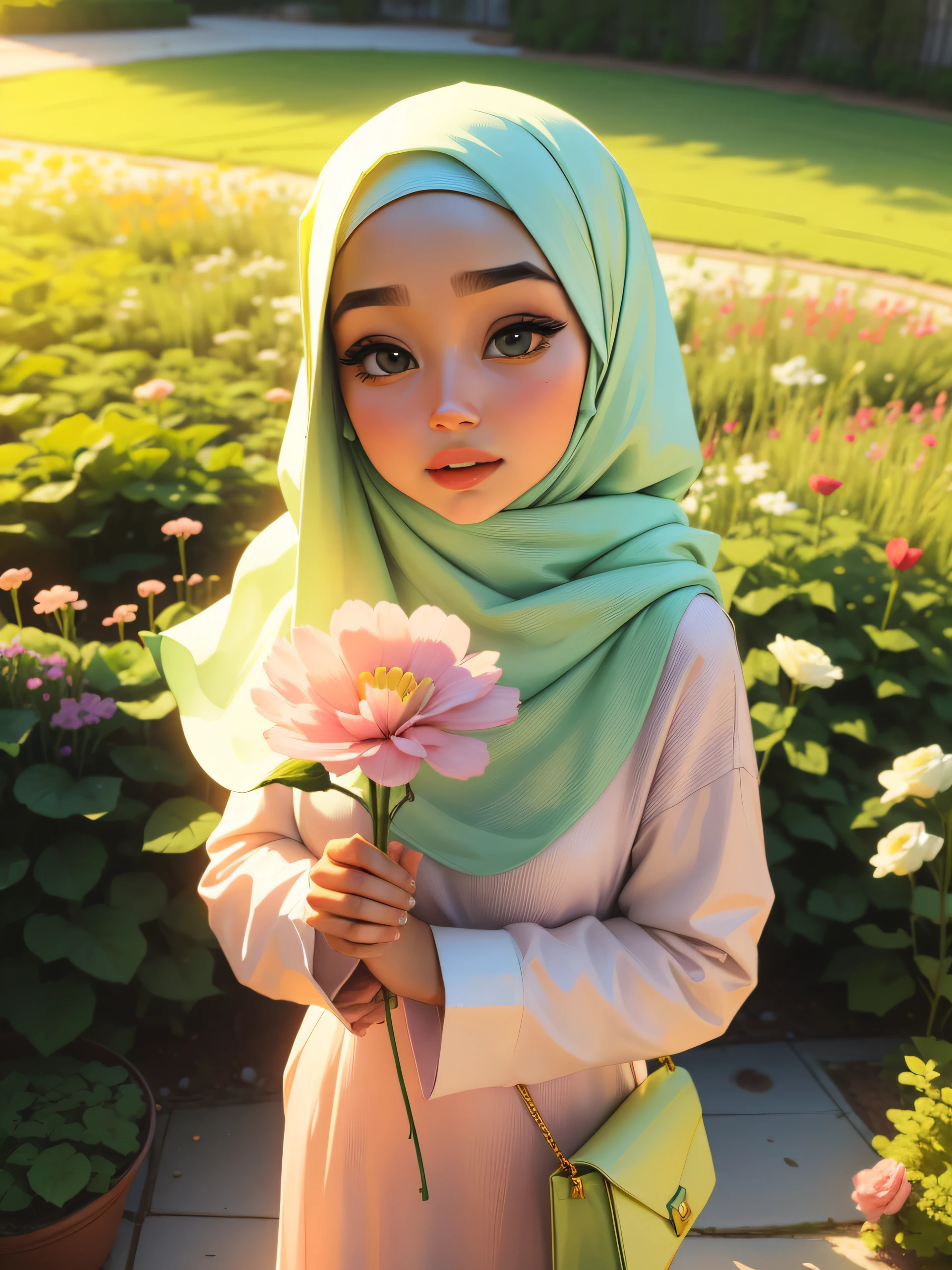 ((Masterpiece, best quality, photography, detailed skin, realistic, photo-realistic, 3D Character Design, pixar, 8k, highly detailed, full length frame, High detail RAW color art, diffused soft lighting, shallow depth of field, sharp focus, hyperrealism, cinematic lighting, close up)); hijab, a woman in a ((silver satin hijab)), ((pink satin shirt)), posing for a picture, wearing floral sarong satin skirt, sitting in the garden, outdoors