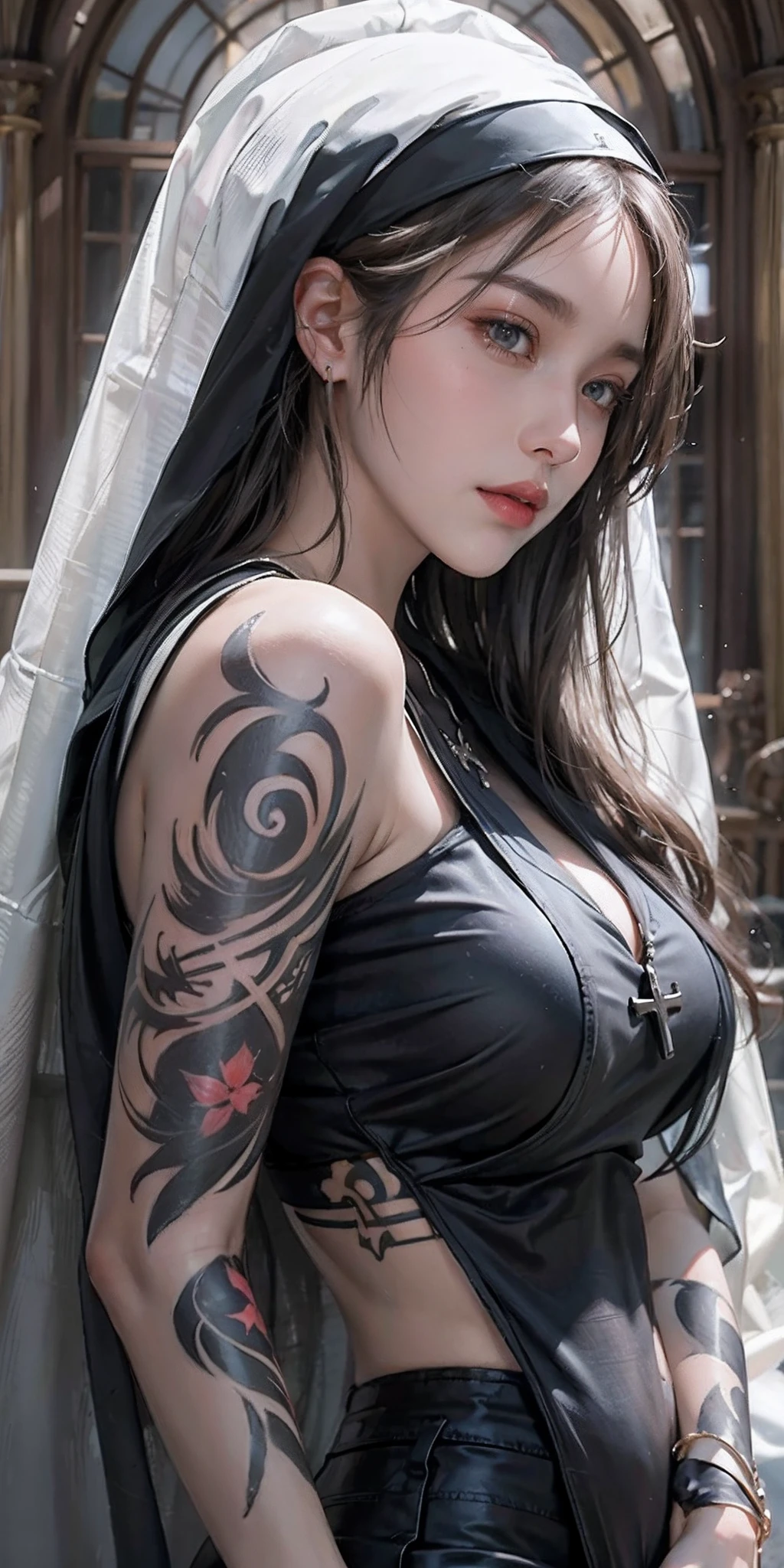 photorealistic, high resolution, soft light,1women, solo, hips up, shining skin, (detailed face), jewelry, tattoo, black nun clothing