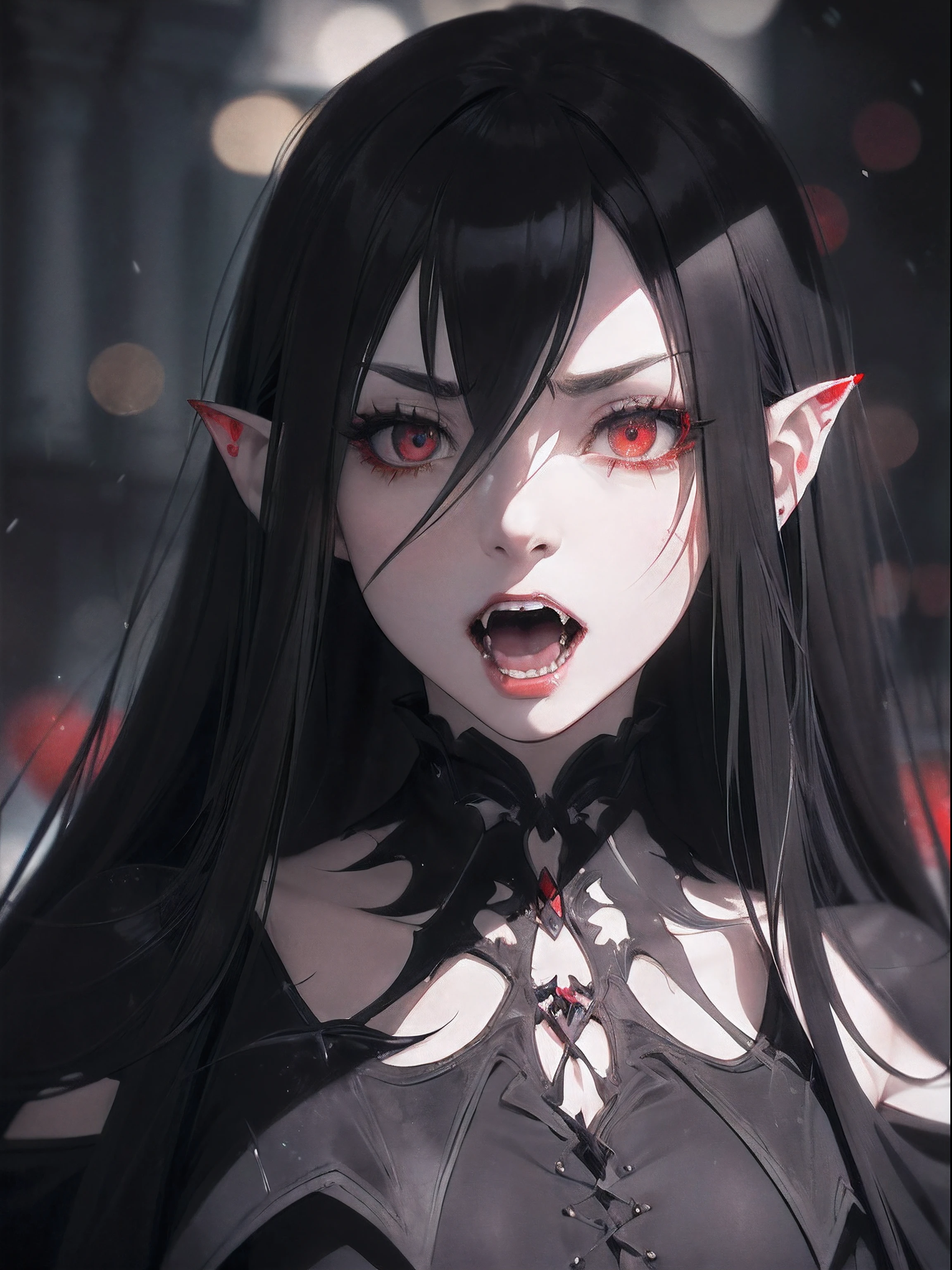 The ultra -The high-definition、Detailed writing、watercolor paiting、Pale shades、(Expressing fear in black:1.7)、Very beautiful hair、femele、Beautiful vampires、(Vampire Fangs:1.5)、Red Eyes、Wearing elaborate costumes and ornaments、sabre、Inspiring black background、(Bokeh:1.5)、In the darkness、Very dark and timeless castle cloister、menace、Hostility、Glare、