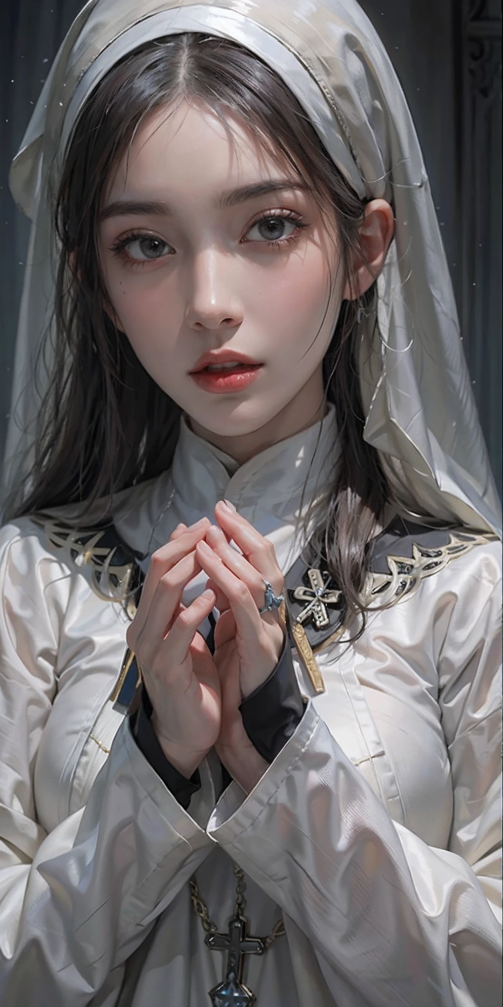 photorealistic, high resolution, soft light,1women, solo, hips up, shining skin, (detailed face), jewelry, tattoo, black nun clothing
