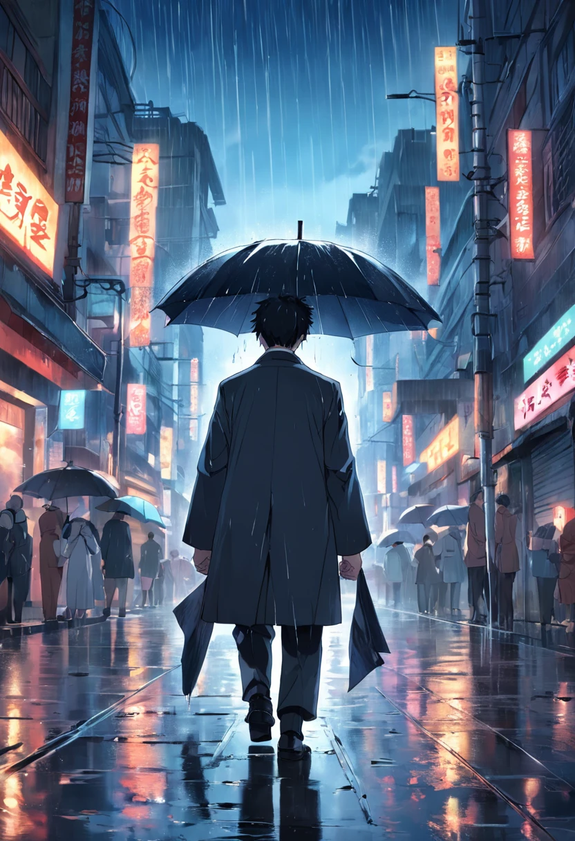rainy evening，On the roof，middle aged man，Grow a short black beard，Powerful eyes，Wear a suit，A crutch in one hand，Umbrella in one hand