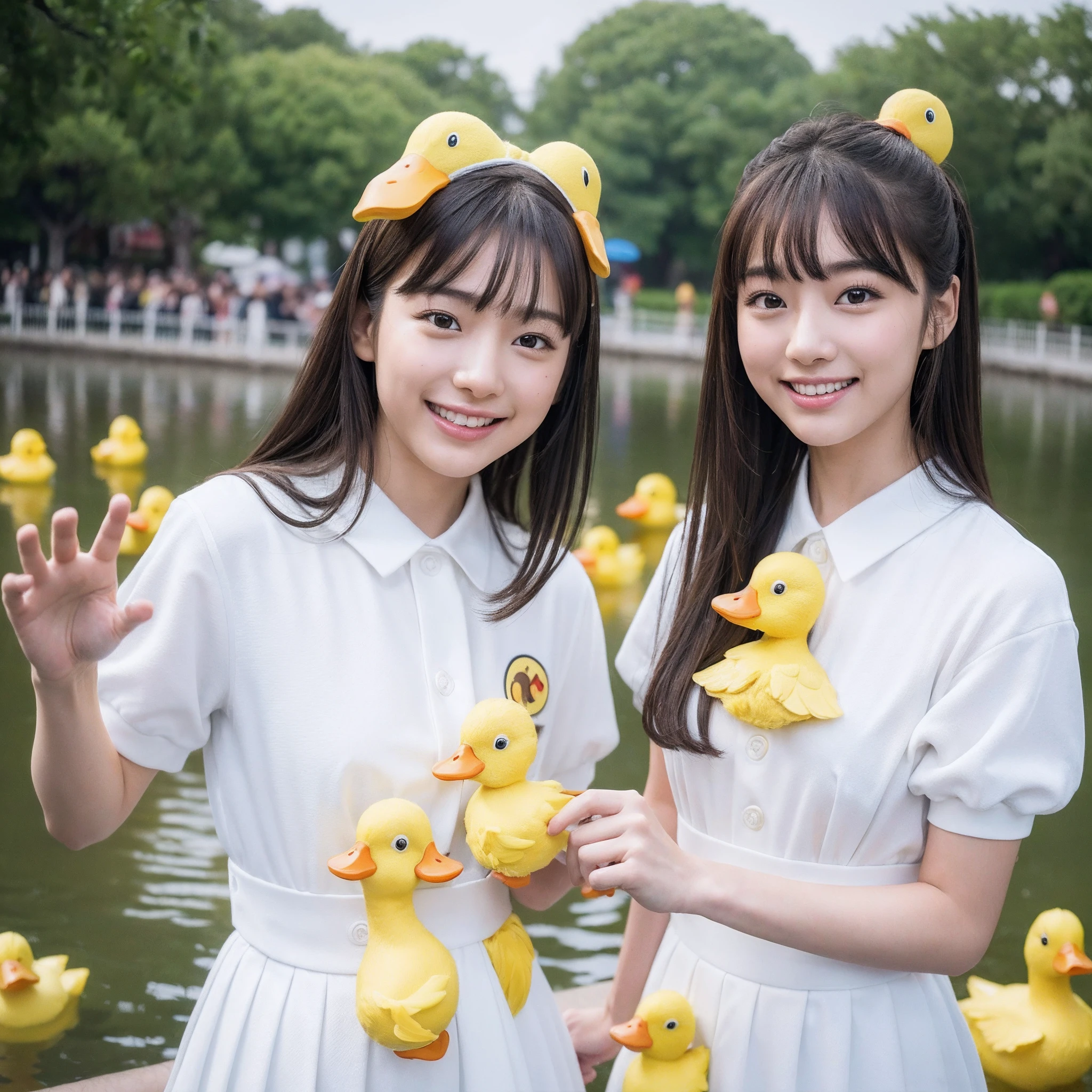 (8K、RAW Photos、top-quality、masterpiece:1.5)、(realisitic、Photorealsitic:1.5)、ultra-detailliert、超A high resolution、lighting like a movie、(((Idols who love ducks)))、(((Japan 16 year old girls)))、(((Wearing a cute costume with a duck motif)))、(a lot of yellow ducks:1.5)、cute smile face、Happy and energetic atmosphere、dynamic ungle、动态照明