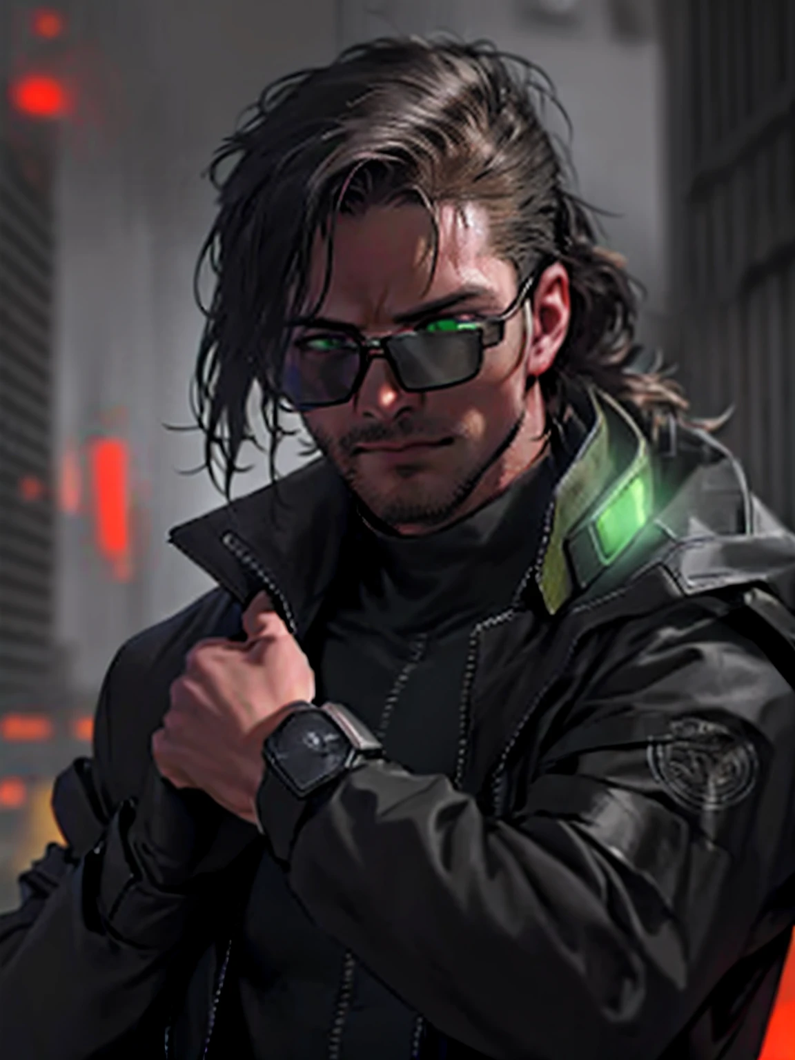 Masterpiece, best quality, 1 male, adult, Tall muscular, handsome, finely detailed green eyes, intricate facial details, (style-RustMagic:0.8), portrait, (Bloody wounds:0.7), looking down, solo, upper body, detailed futuristic cityscape background, (Renaissance theme:1.1), subtle smirk, dynamic pose, dark clouds, a half-Asian engineer, floating holographic gears, long black trench coat, techwear, futuristic glasses, time device on the wrist, cyberpunk city in the background, industry, furnace, grime, switches, dynamic lighting