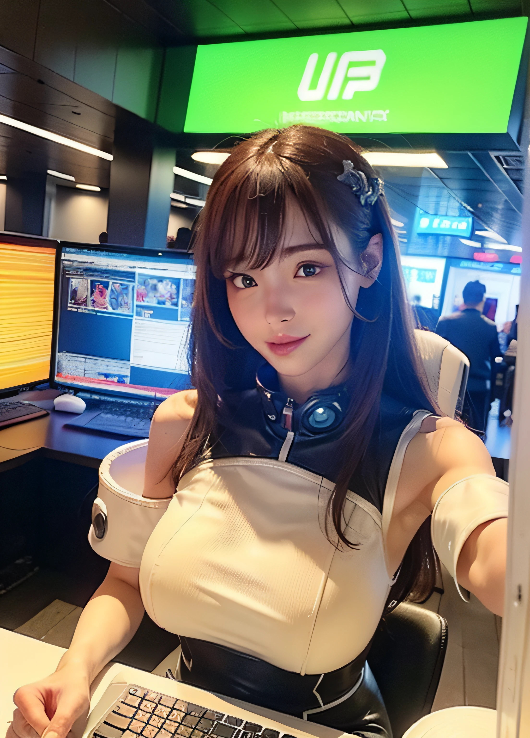 ((Best quality)), ((masterpiece)), (highly detailed:1.3), 3D, beautiful (cyberpunk:1.3) female hacker with thick voluminous hair operating a computer terminal, computer servers, LCD screens, fibre optic cables, corporate logos,HDR (High Dynamic Range),Ray Tracing,NVIDIA RTX,Super-Resolution,Unreal 5,Subsurface scattering,PBR Texturing,Post-processing,Anisotropic Filtering,Depth-of-field,Maximum clarity and sharpness,Multi-layered textures,Albedo and Specular maps,Surface shading,Accurate simulation of light-material interaction,Perfect proportions,Octane Render,Two-tone lighting,Low ISO,White balance,Rule of thirds,Wide aperature,8K RAW,Efficient Sub-Pixel,sub-pixel convolution,luminescent particles,