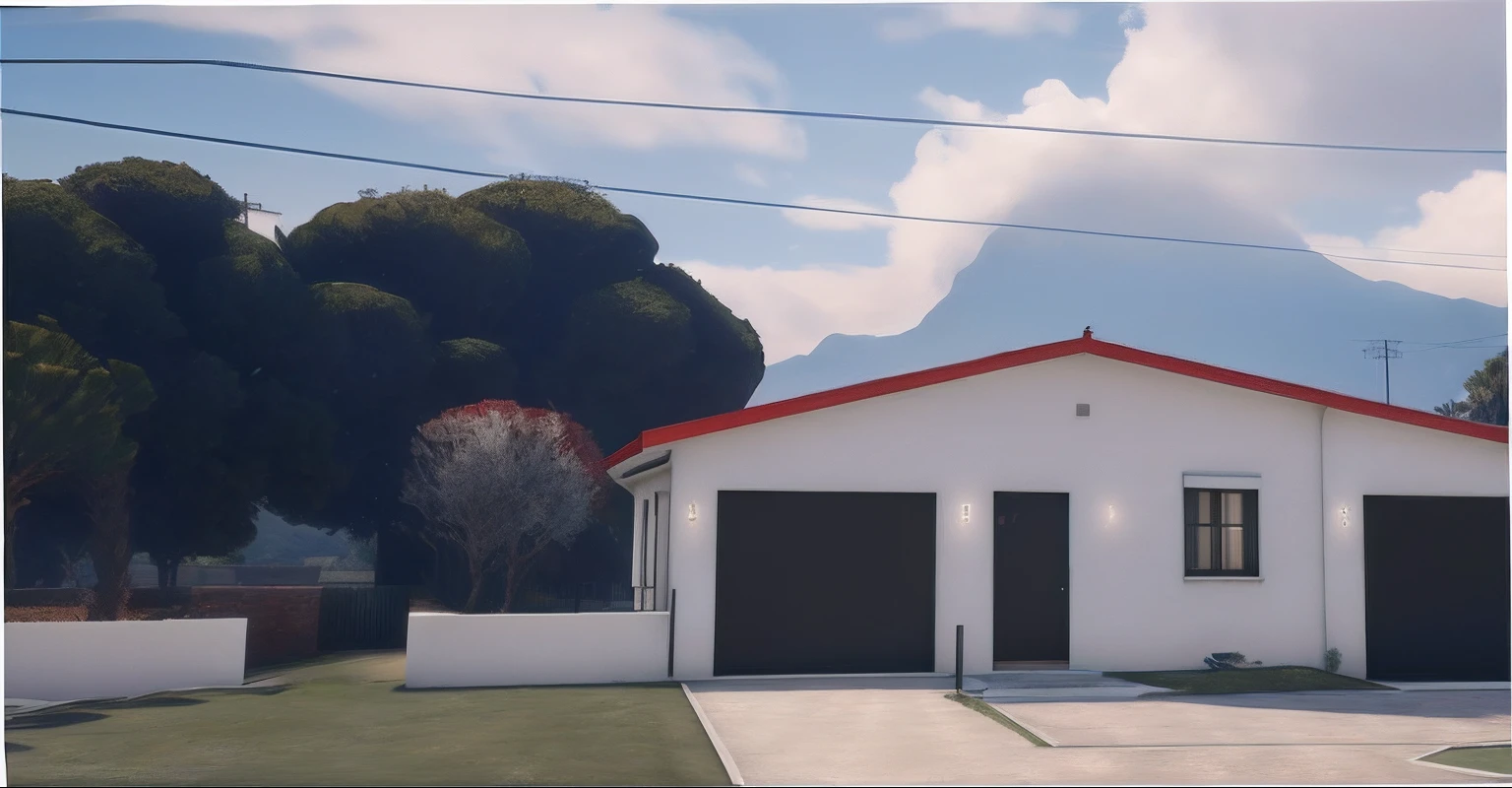 There is a white house with a red roof and a red roof, ((gta 5 casa screenshot)), renderizado no lumion pro, captura de tela fotorrealista, [ Fotorrealismo 4K ], realista estabelecendo tiro, semi-realistic rendering, renderizado em lumion, fully detailed render, em estilo de realismo simplificado, renderizado em unreal engine 3d, cena hiper detalhada