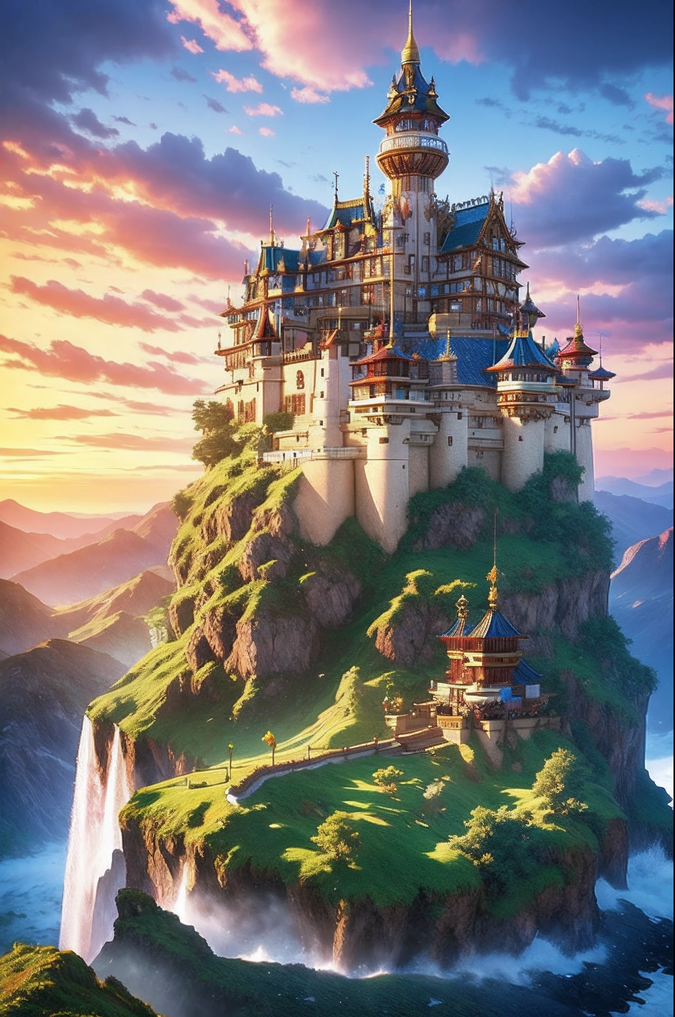 pixel game《dragon quest》,Game character design,(cavalier:1.4),European castle,Thick clouds,surrounded by cloud,16-bit pixel art
