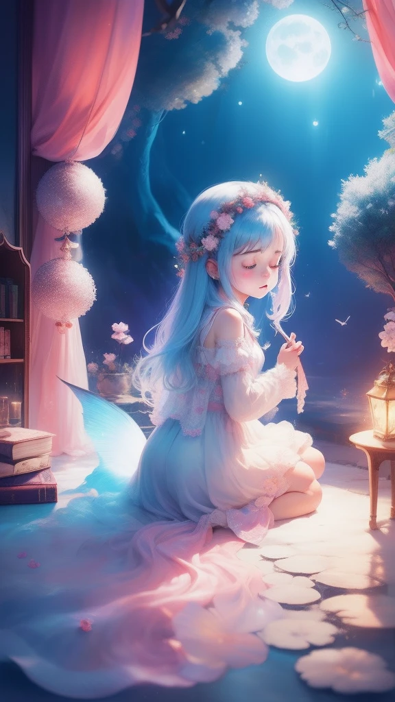 Once upon a moonlit night, in a land of dreams, there lived a  girl named Lily. Every night, as she closed her eyes, her imagination soared. In her dreams, she could fly among fluffy clouds and swim with mermaids in sparkling seas,Bright colors