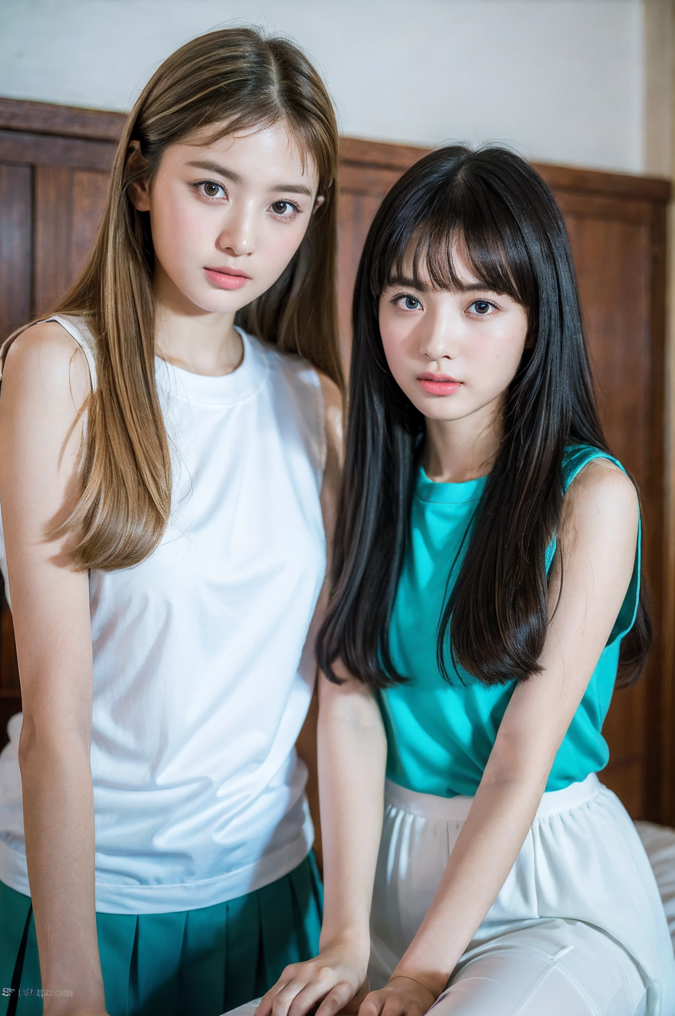The large,((((Two girls,duo,stroking)))), large tities, Slim figure, femele, (Blue sleeveless T-shirt), White chiffon skirt, Bedroom, By bangs, A , Stewart has long hair, The large,realskin, sleeping habit,primitive,(Extremely detailed Cg Unity 8K wallpaper),Best quality,Nikon Z 85mm, award-winning glamorous photography,((Best quality)), ((Masterpiece)), ((Realistic)),Intricate details, Highly detailed, Sharp focus, professional, 4K, divine rays,Delicate, Innocent, high resolution, Detailed facial features,  detail, Sharp focus, smooth, Aesthetic, Extremely detailed, Photorealistic, Realistic, Post-processing, Maximum detail, Roughness,